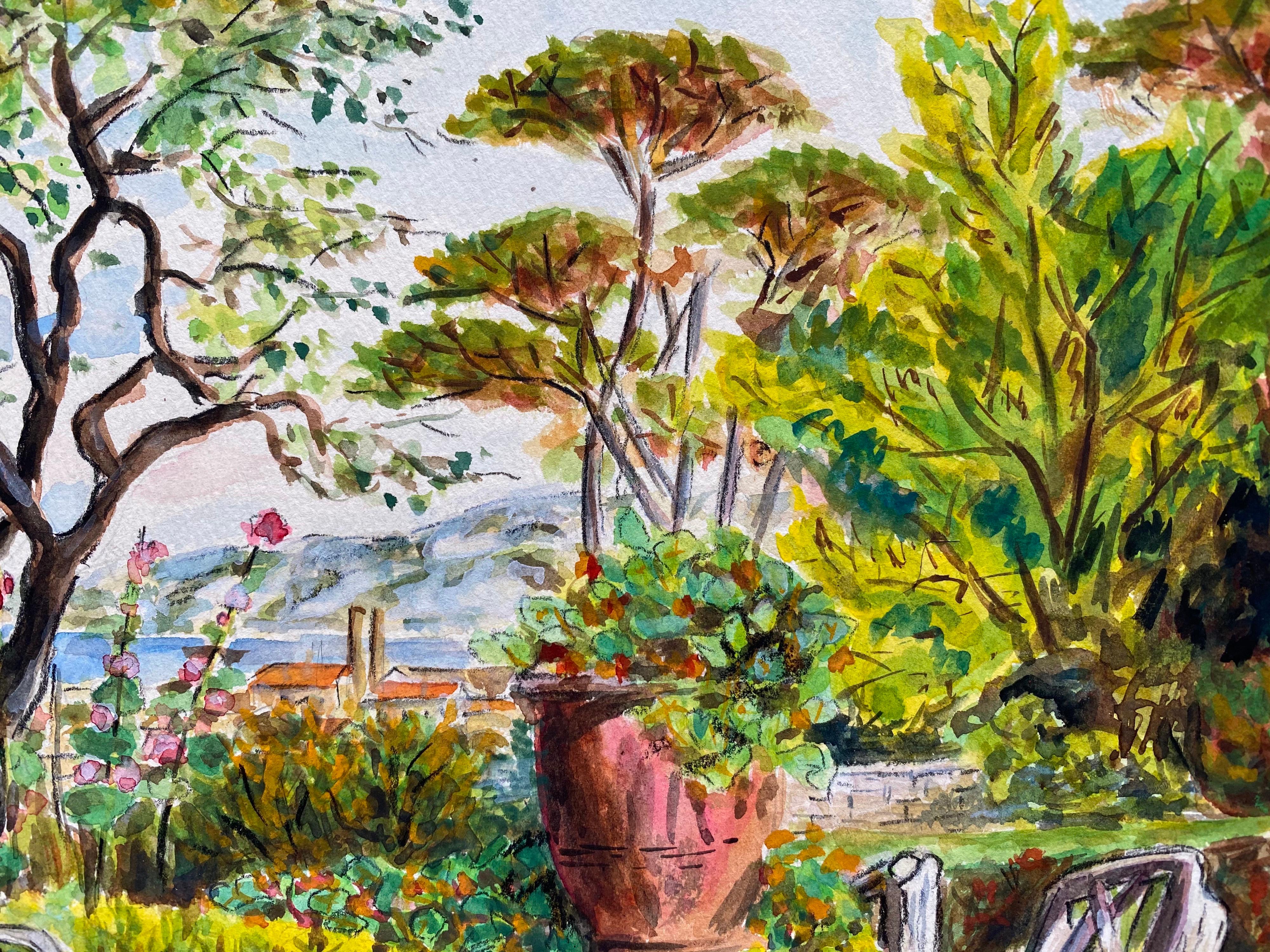 Mid 20th Century French Modernist Painting - Summer Garden Cote d'Azur Terrace 1