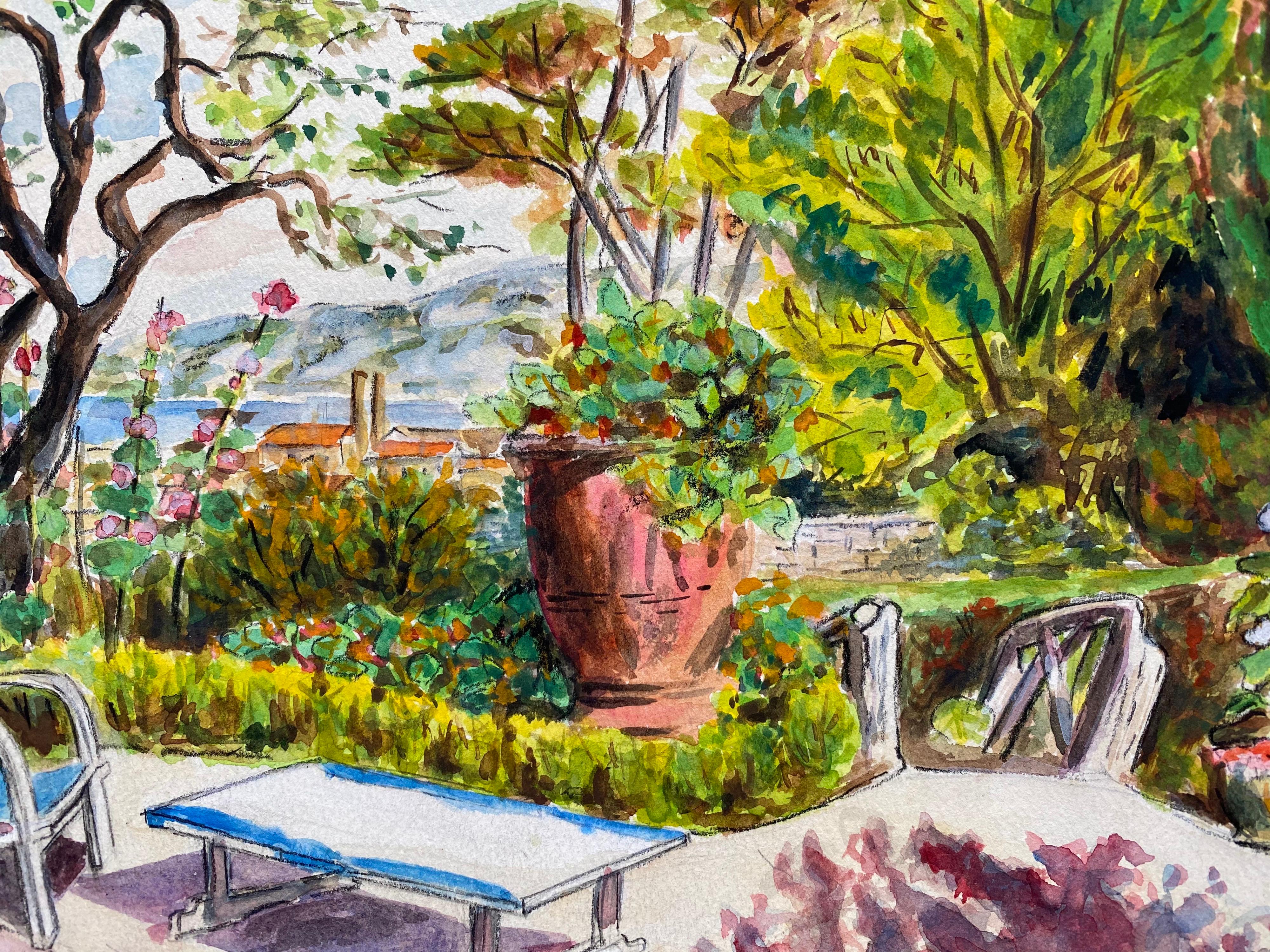 Mid 20th Century French Modernist Painting - Summer Garden Cote d'Azur Terrace 2