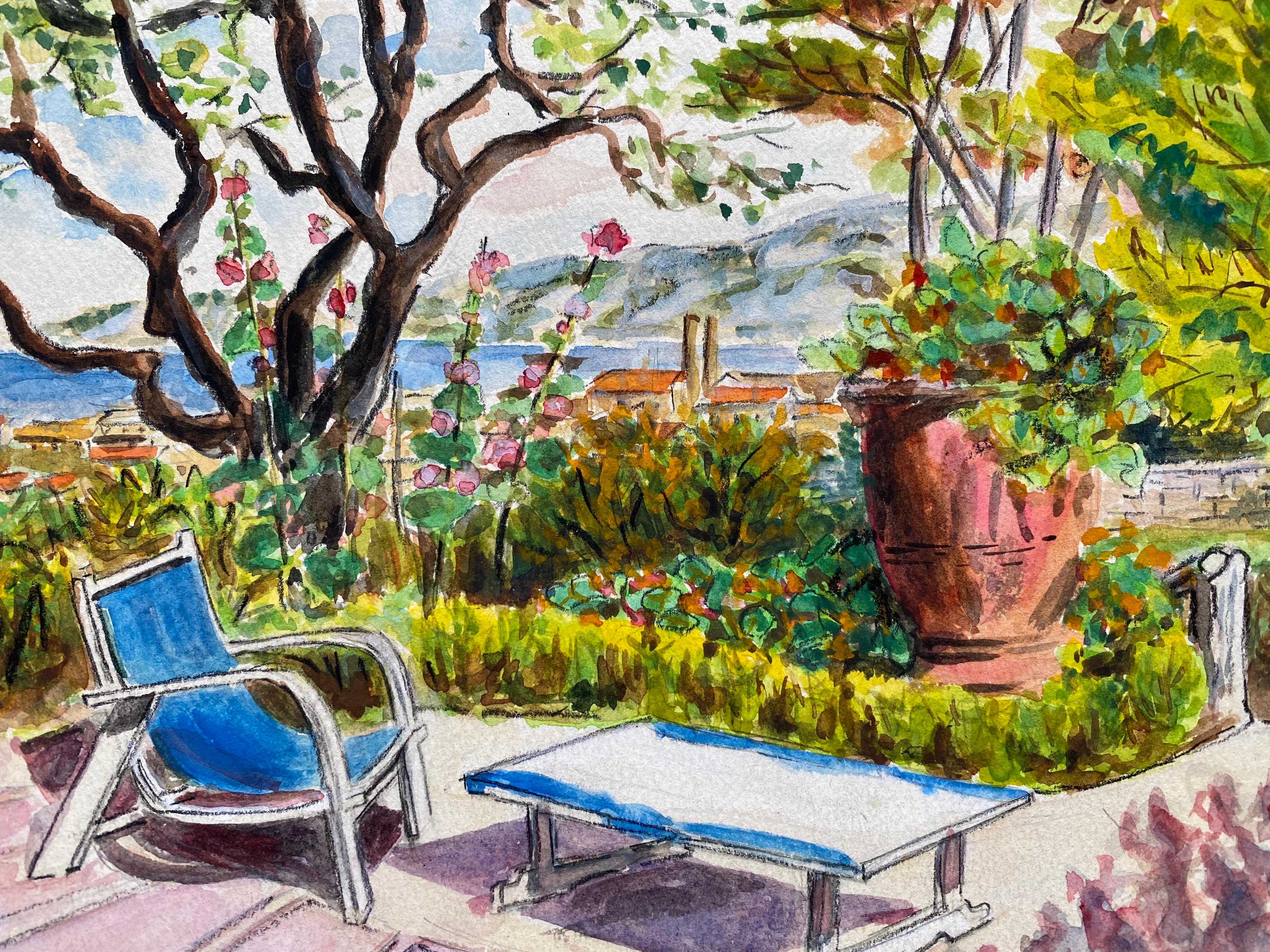Mid 20th Century French Modernist Painting - Summer Garden Cote d'Azur Terrace 3