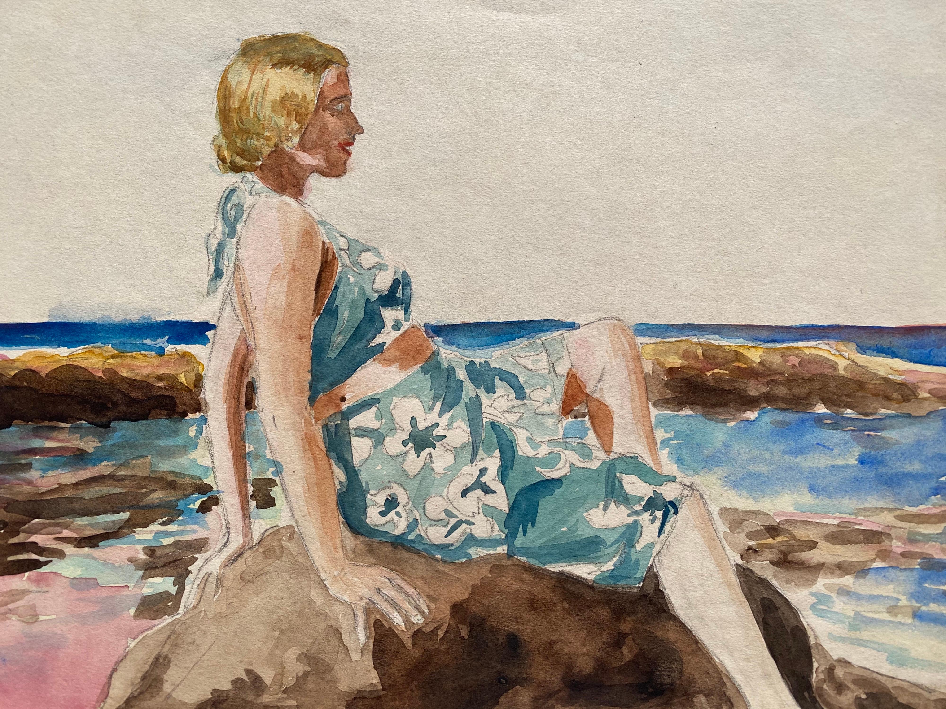 1930's French Impressionist Painting - Junges Mädchen in blauem Kleid Felsenküste Meer
