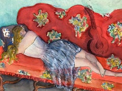 Mid 20th Century French Modernist Painting - Girl Sleeping on Sofa