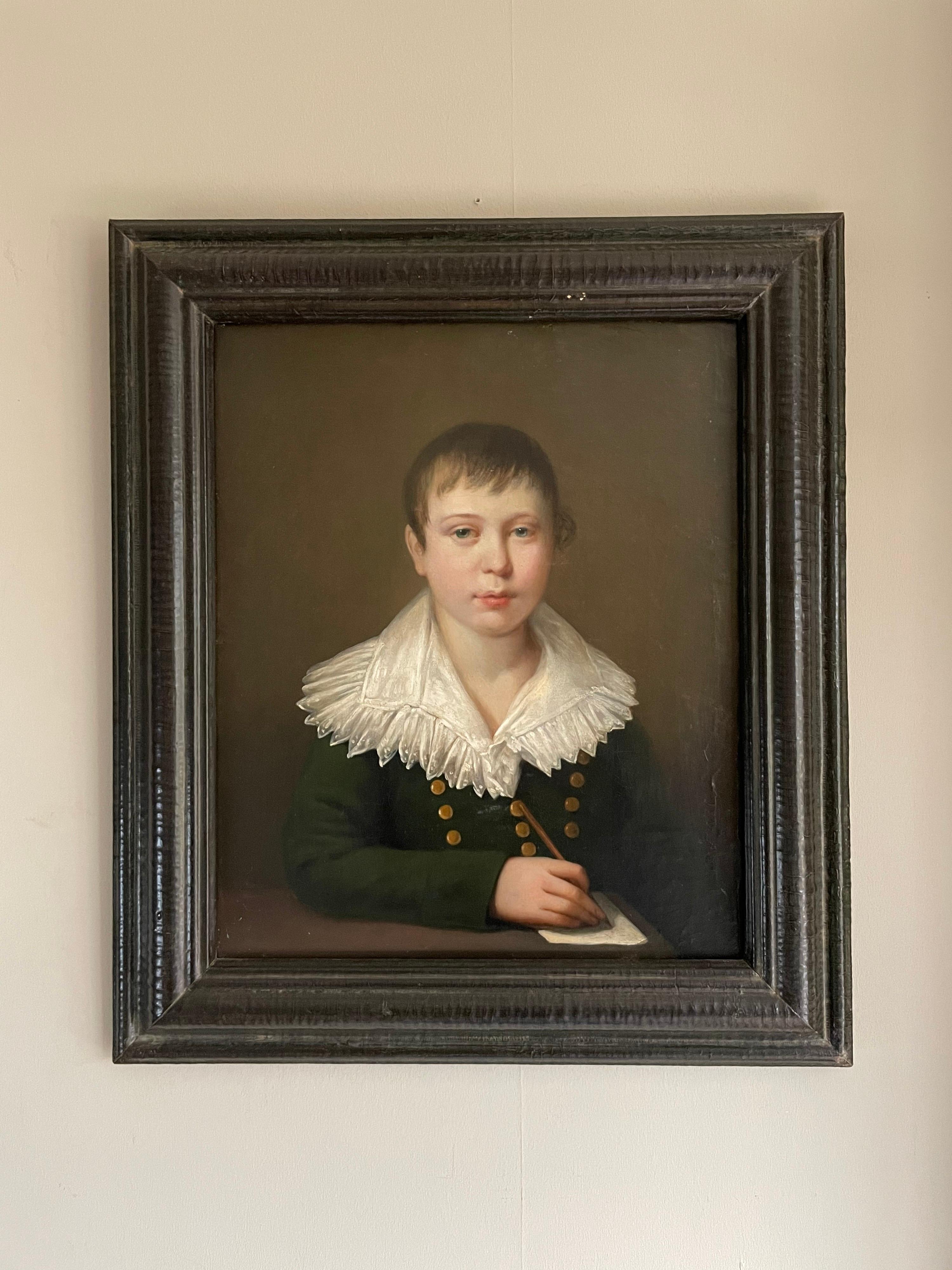 Fine 1800's Portrait of Young Aristocratic Boy with Letter & Pen Oil on Canvas - Painting by Louis Leopold Boilly (1761-1845)