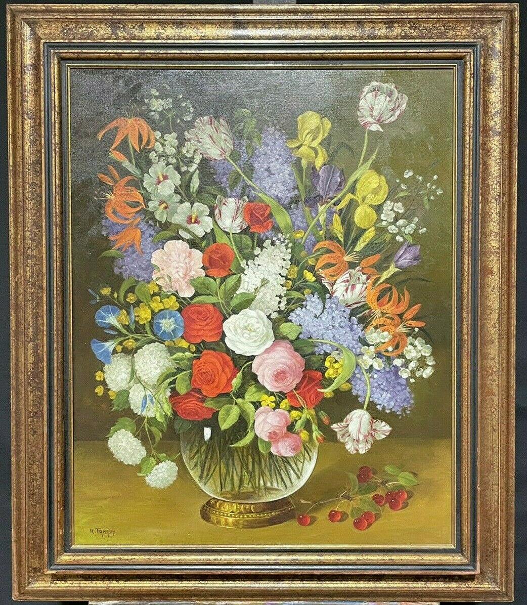 R. Tanguy Landscape Painting - FINE FRENCH STILL LIFE ORNAMENTAL FLOWERS IN GLASS VASE - SIGNED OIL - LARGE