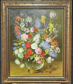 FINE FRENCH STILL LIFE ORNAMENTAL FLOWERS IN GLASS VASE - SIGNED OIL - LARGE
