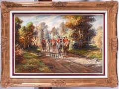 LARGE BRITISH HUNTING SCENE SIGNED OIL PAINTING - RIDERS ON HORSE BACK & HOUNDS