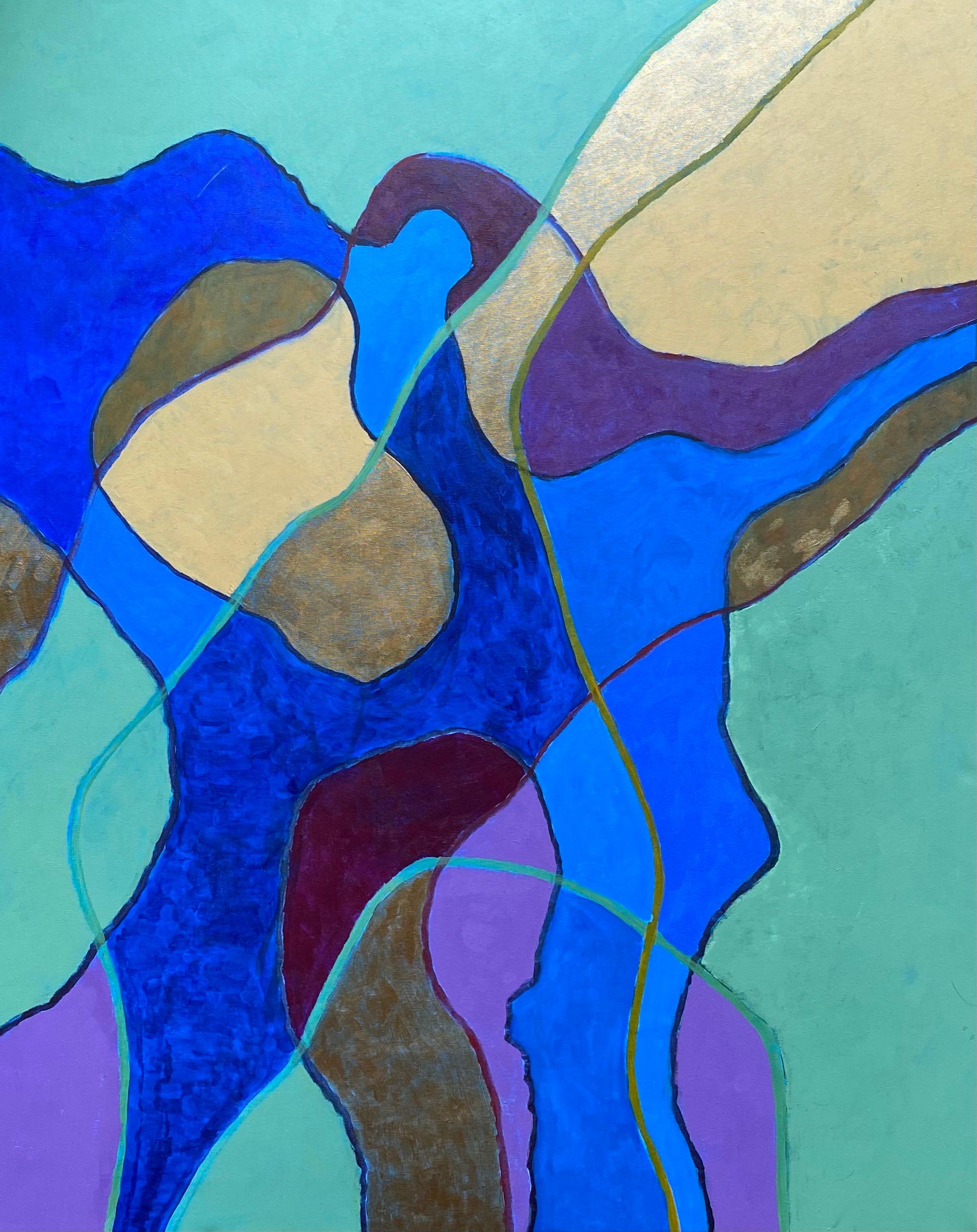 Großes abstraktes Gemälde eines bekannten britischen Künstlers - Blau Grün Gold Lila Senf