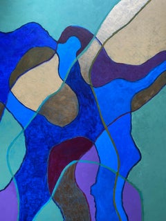 Huge Abstract Painting by Listed British artist - Blue Green Gold Purple Mustard