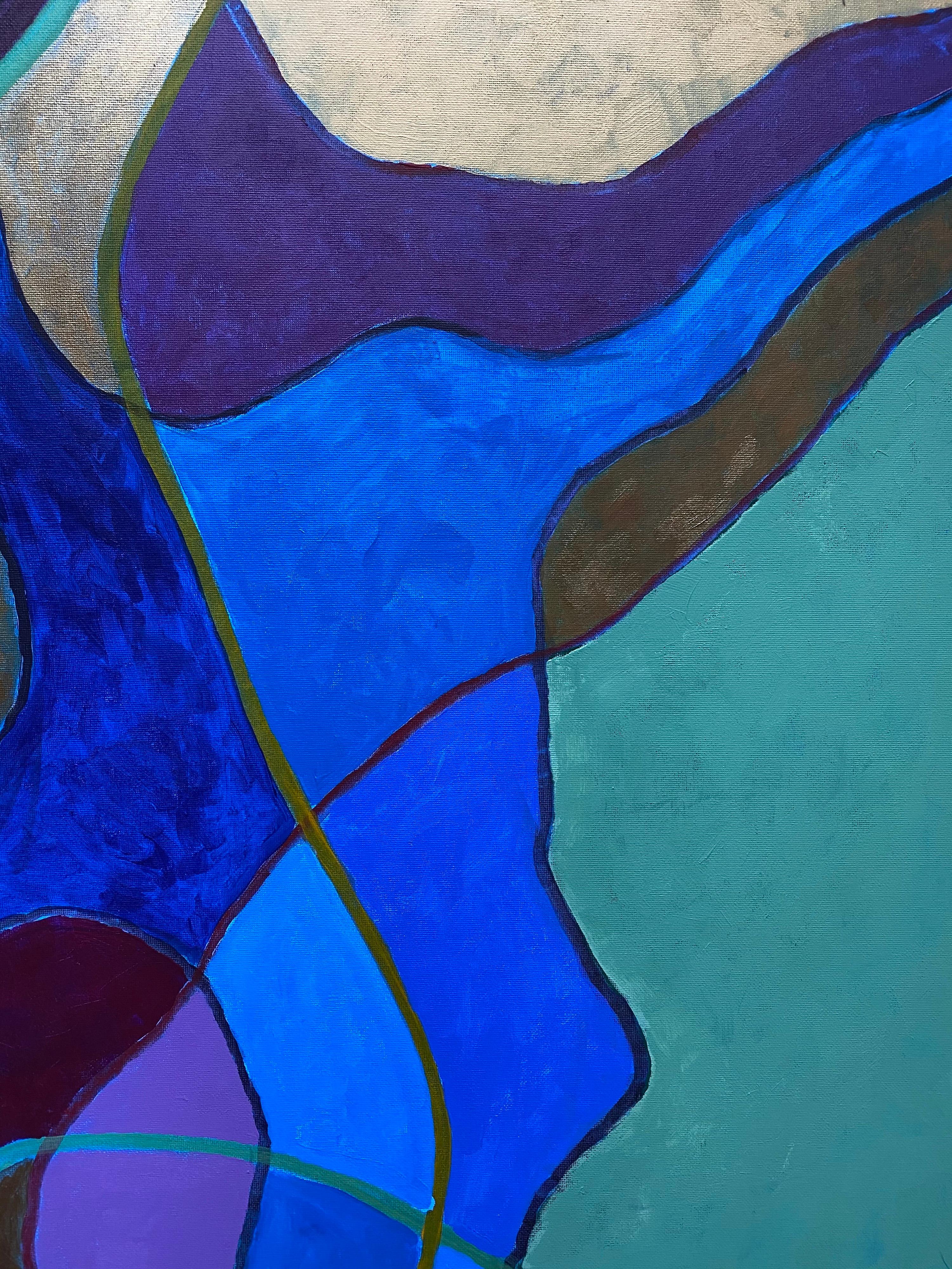 Huge Abstract Painting by Listed British artist - Blue Green Gold Purple Mustard For Sale 1
