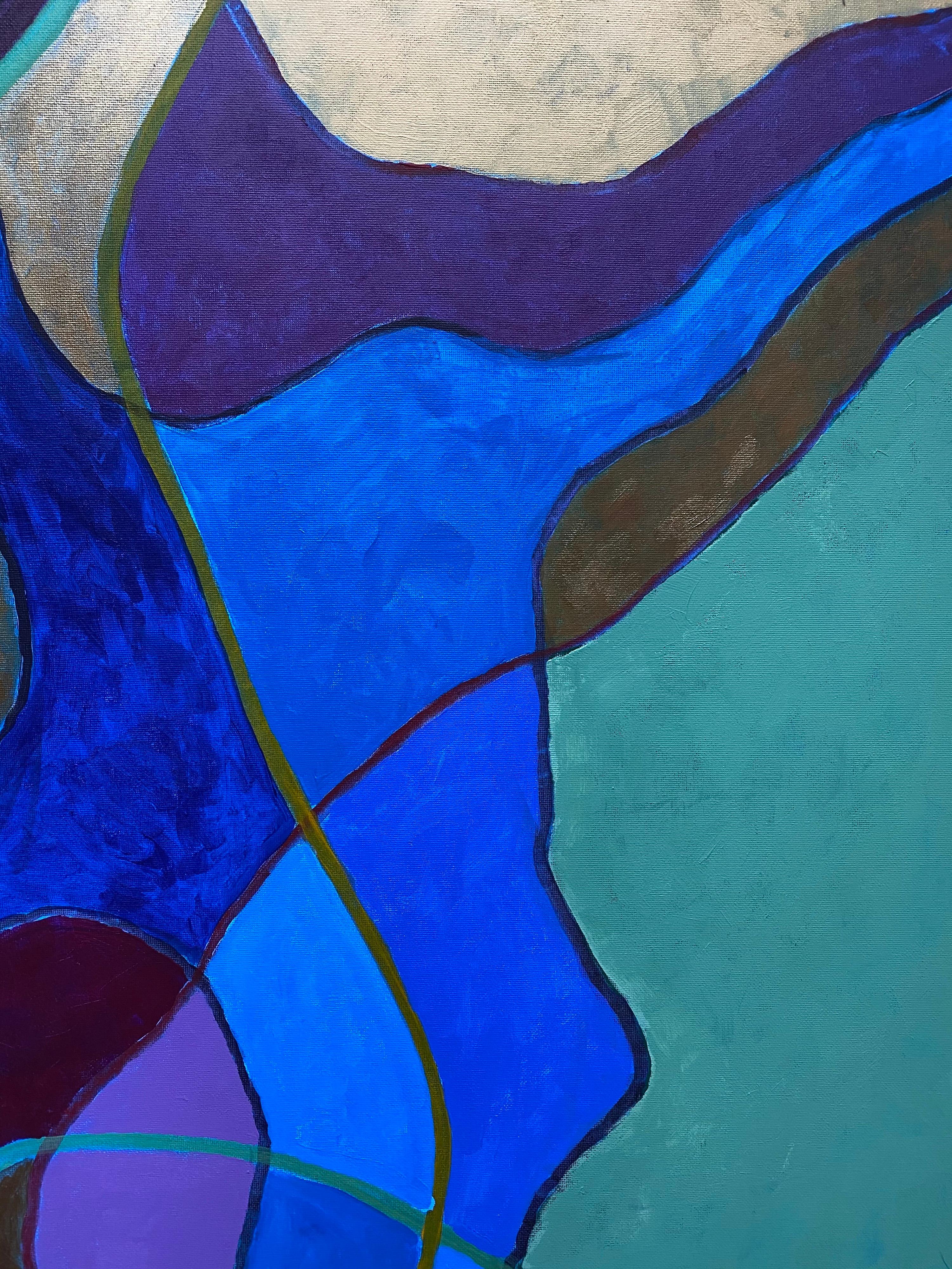 Grande peinture abstraite d'un artiste britannique répertorié - Bleu, vert, or, violet moutarde en vente 2