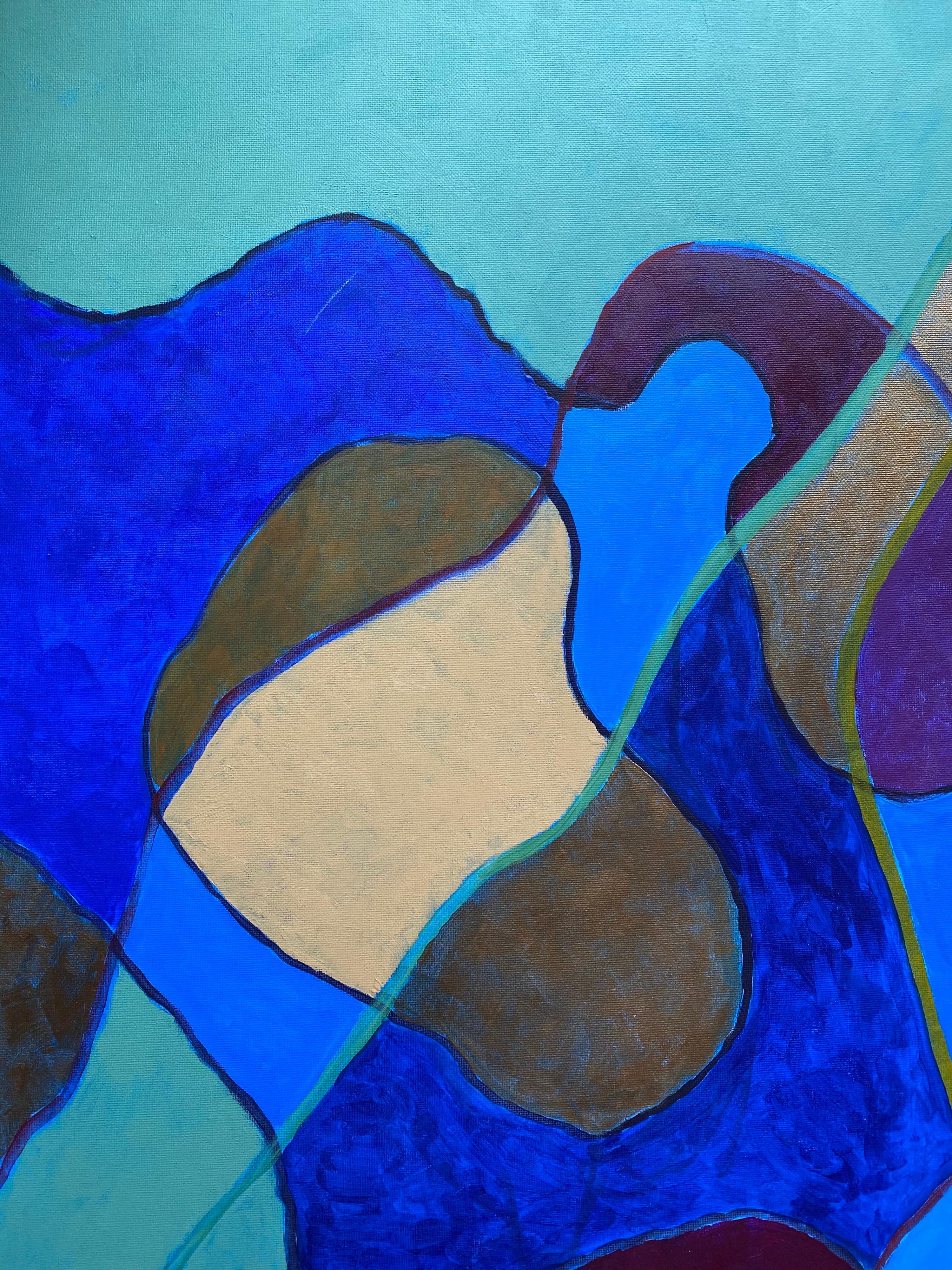 Grande peinture abstraite d'un artiste britannique répertorié - Bleu, vert, or, violet moutarde en vente 4