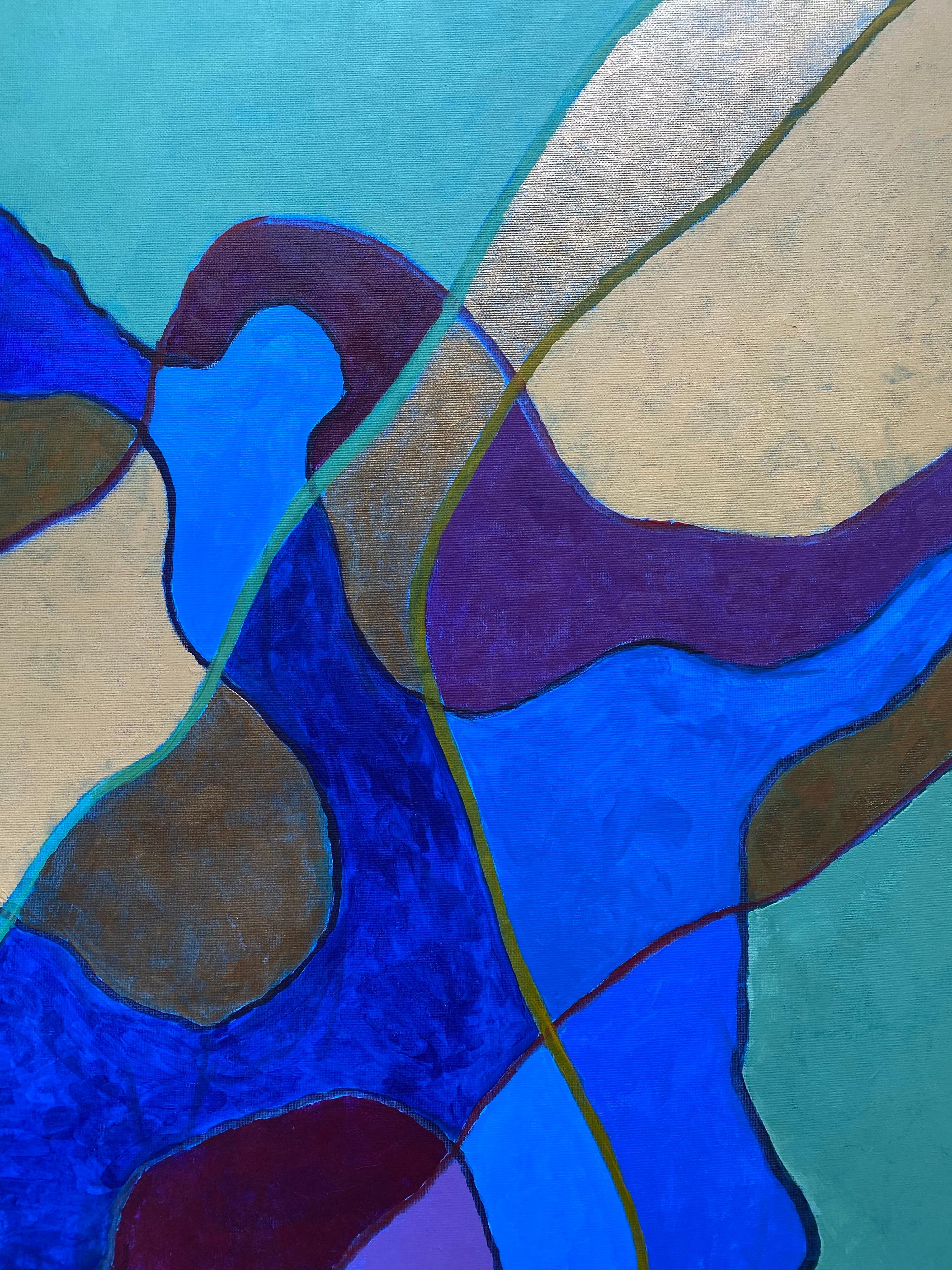 Huge Abstract Painting by Listed British artist - Blue Green Gold Purple Mustard For Sale 4