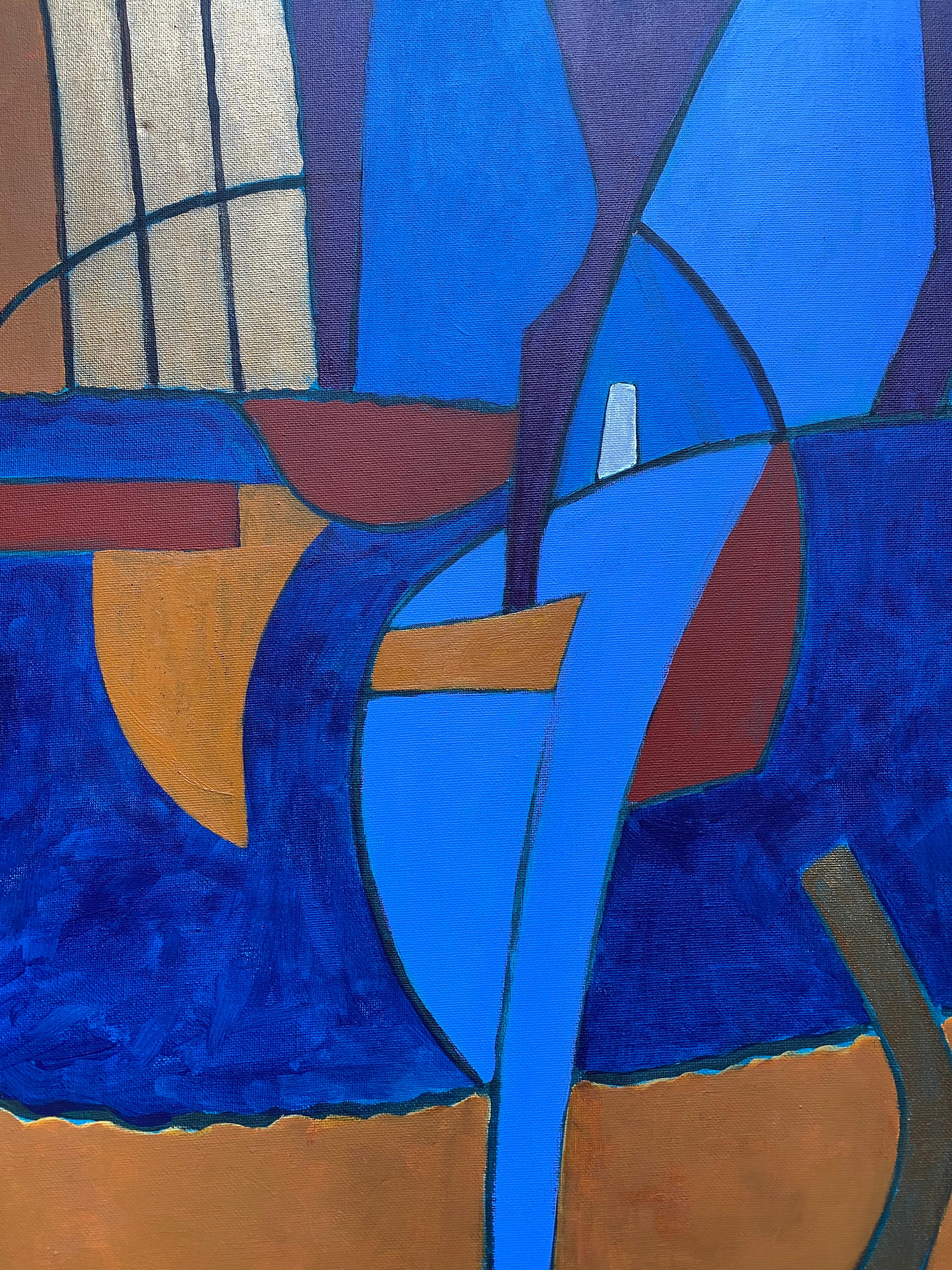 Peinture abstraite d'un artiste britannique répertorié - Bleu moutarde profond Couleurs ocre et or - Painting de Michael Haswell