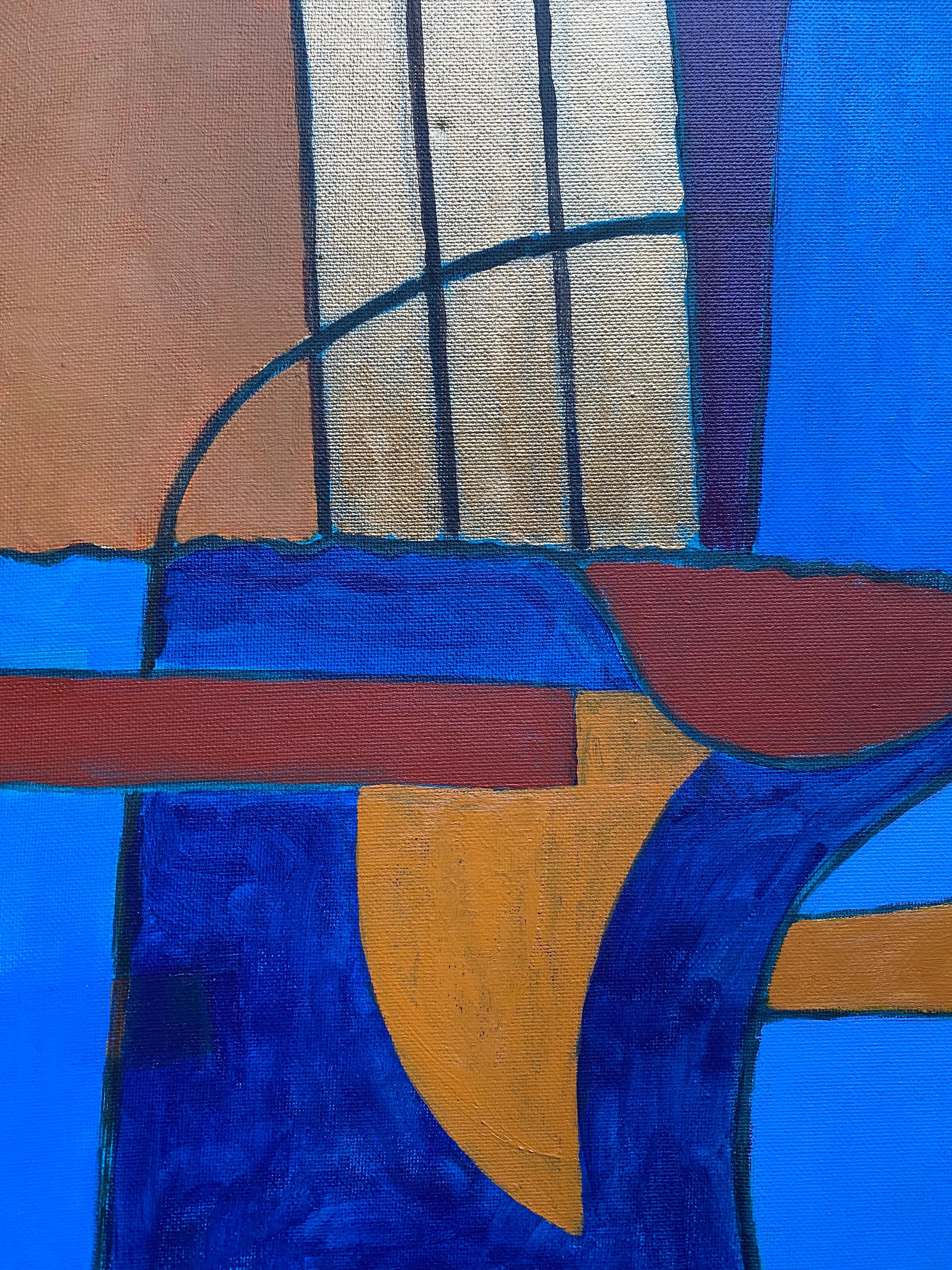 Peinture abstraite d'un artiste britannique répertorié - Bleu moutarde profond Couleurs ocre et or - Abstrait Painting par Michael Haswell