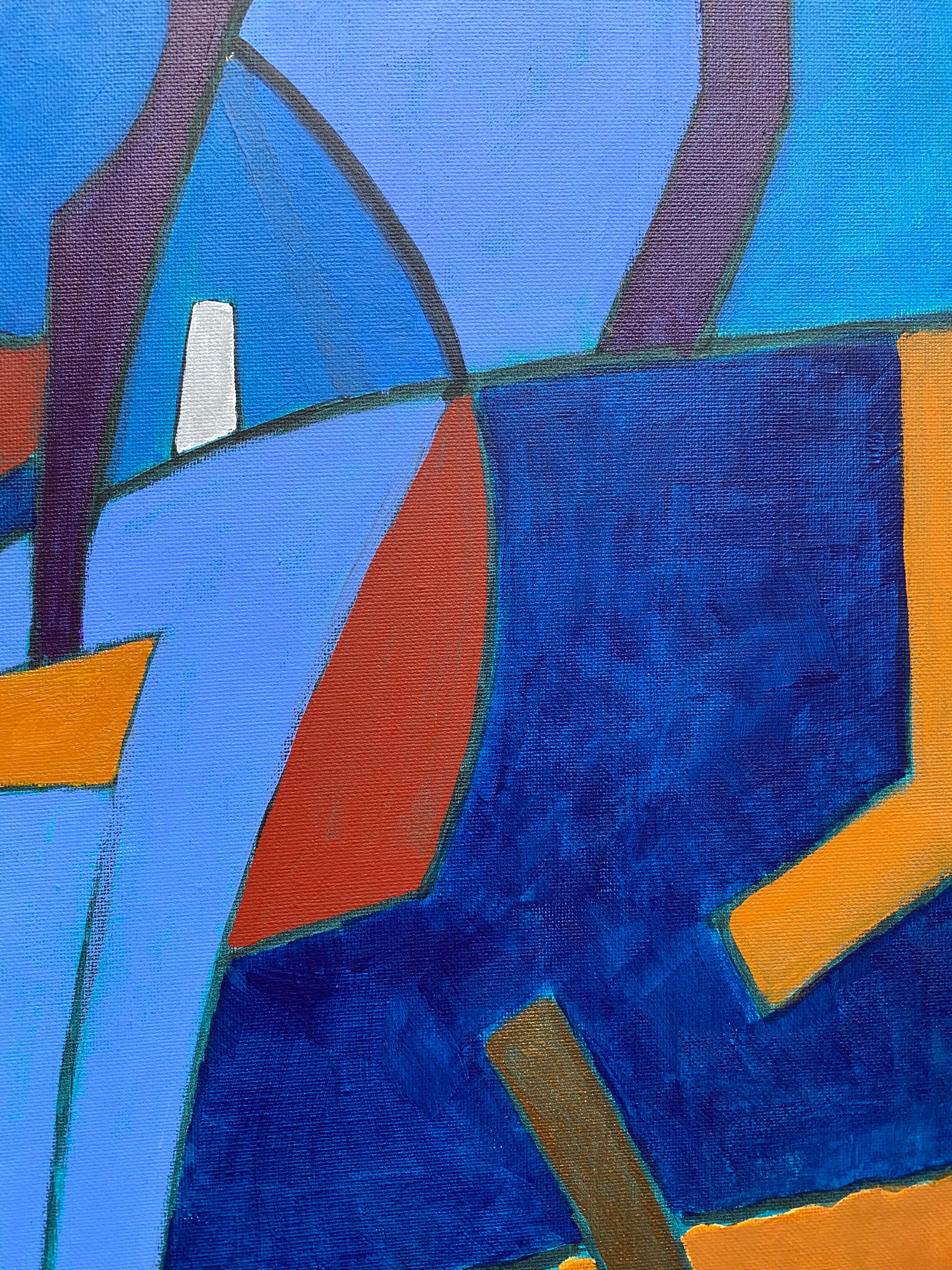 Peinture abstraite d'un artiste britannique répertorié - Bleu moutarde profond Couleurs ocre et or en vente 1