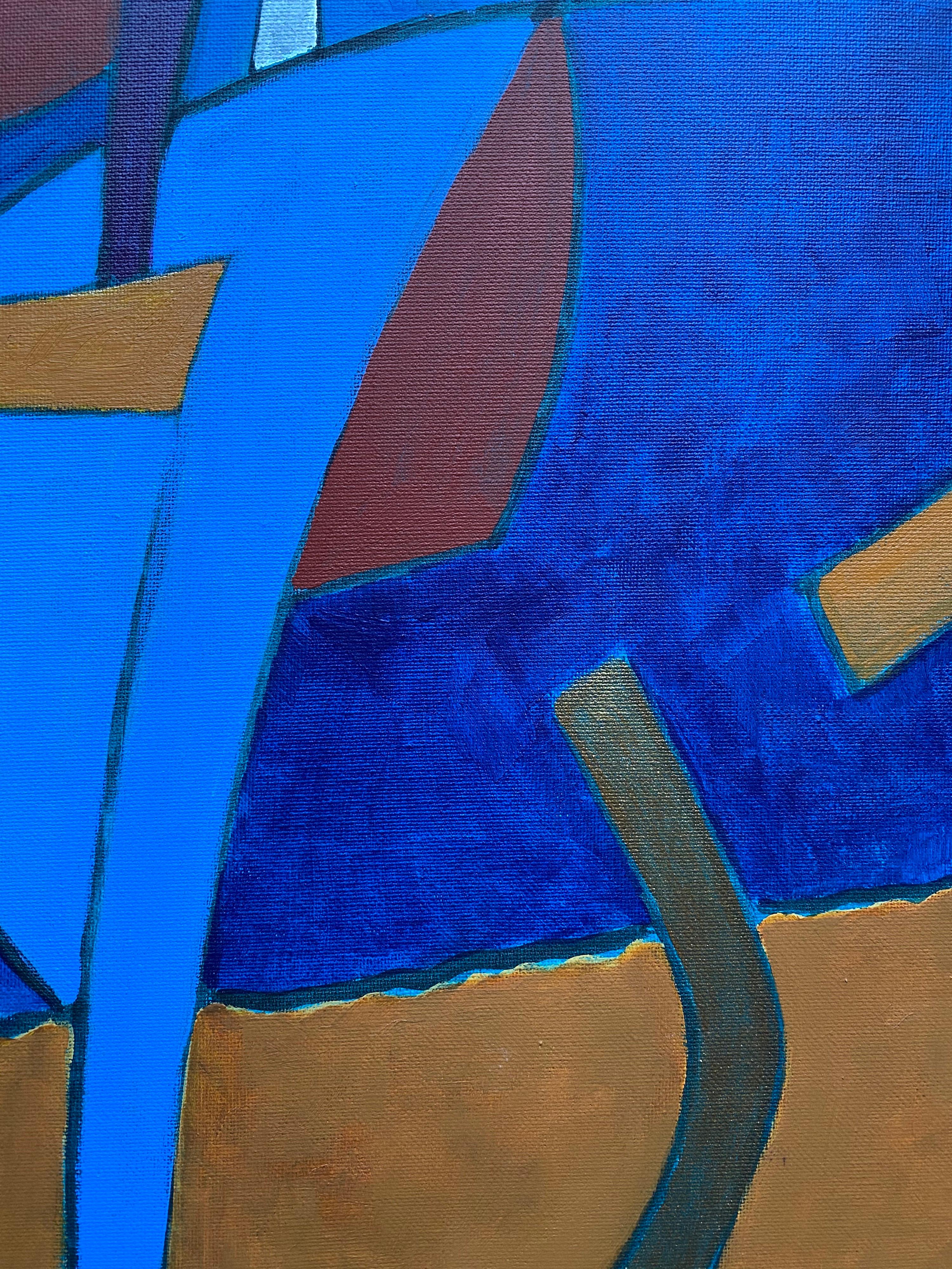 Peinture abstraite d'un artiste britannique répertorié - Bleu moutarde profond Couleurs ocre et or en vente 2