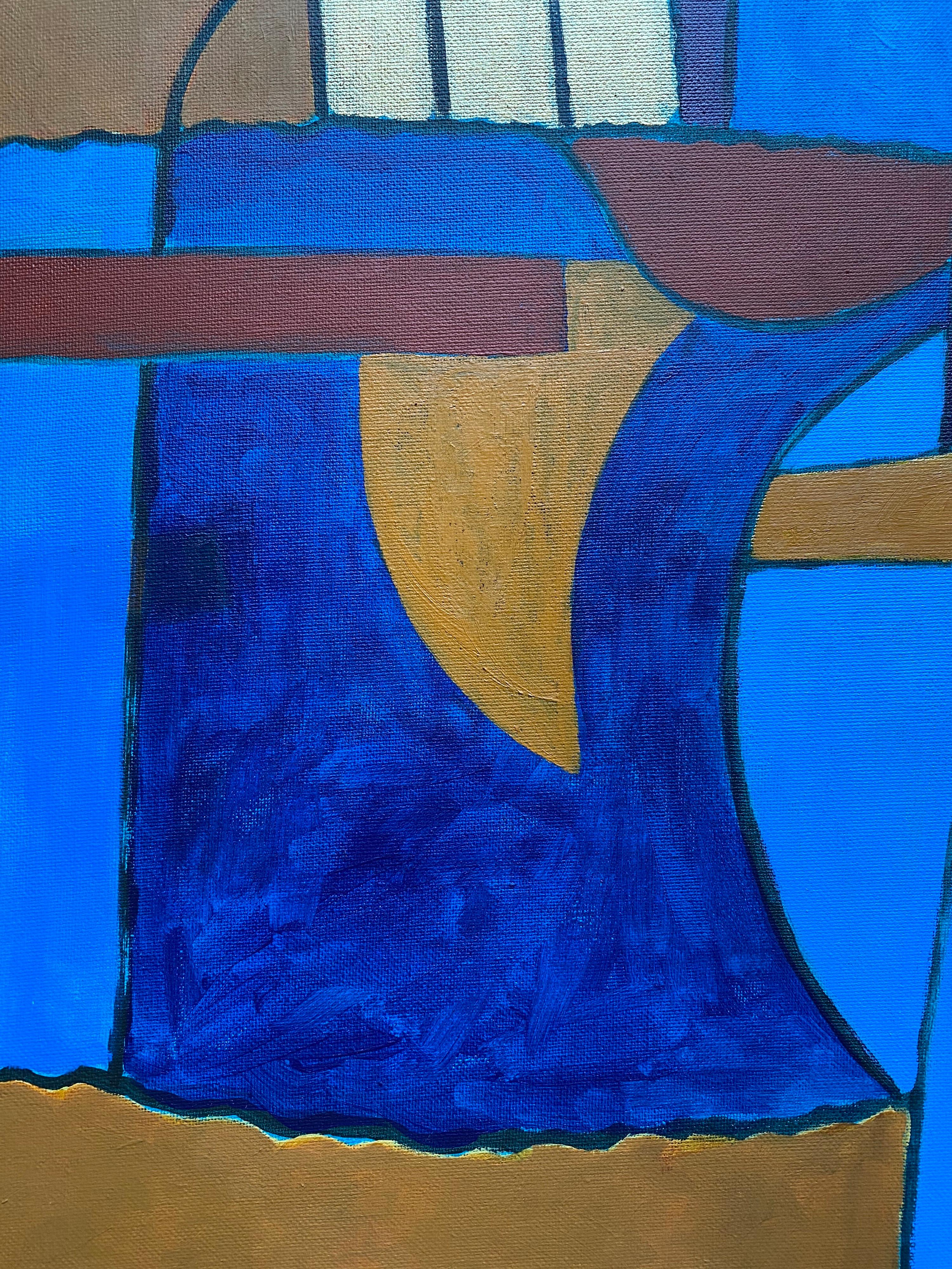 Peinture abstraite d'un artiste britannique répertorié - Bleu moutarde profond Couleurs ocre et or en vente 4