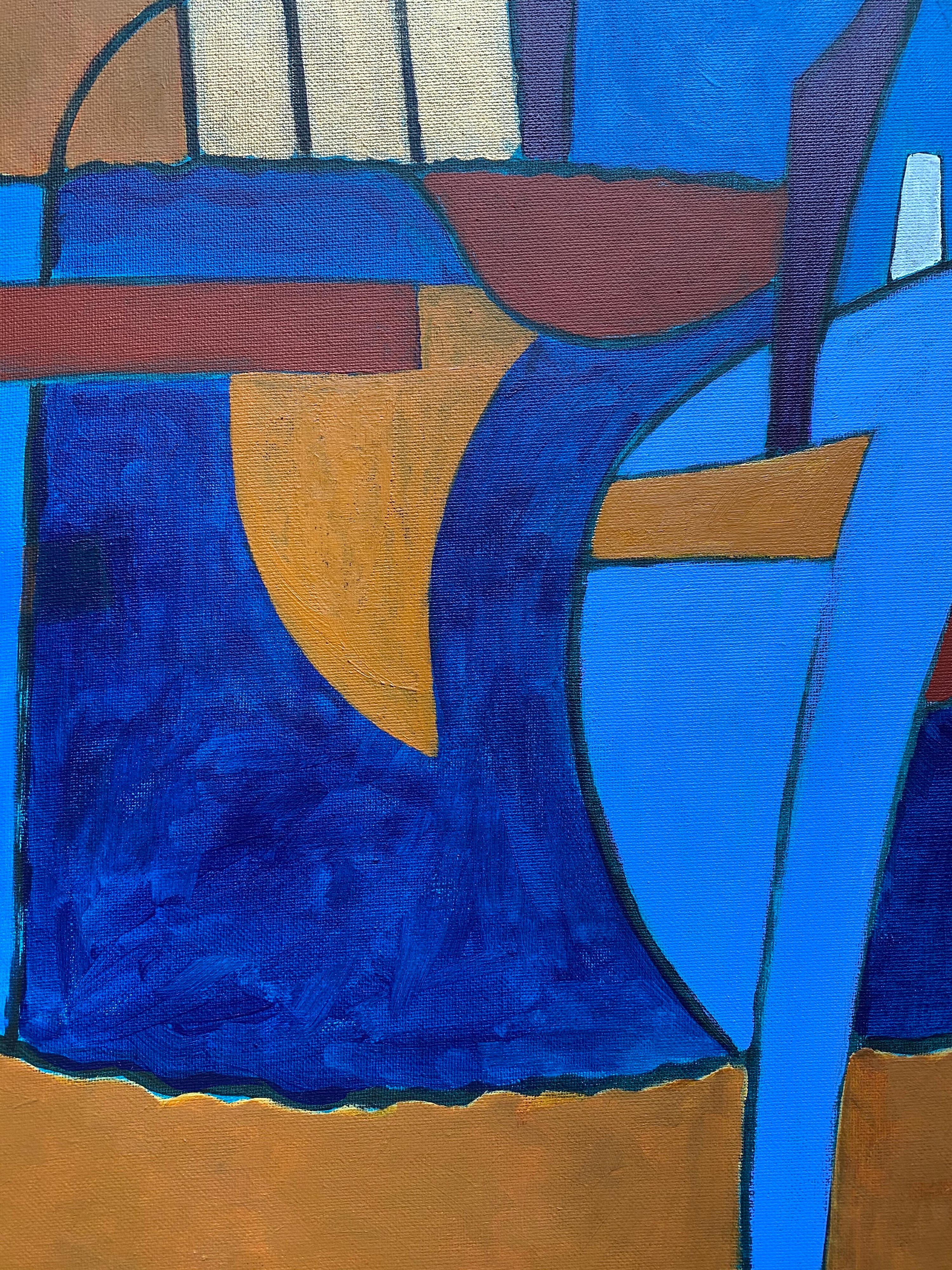 Peinture abstraite d'un artiste britannique répertorié - Bleu moutarde profond Couleurs ocre et or en vente 3