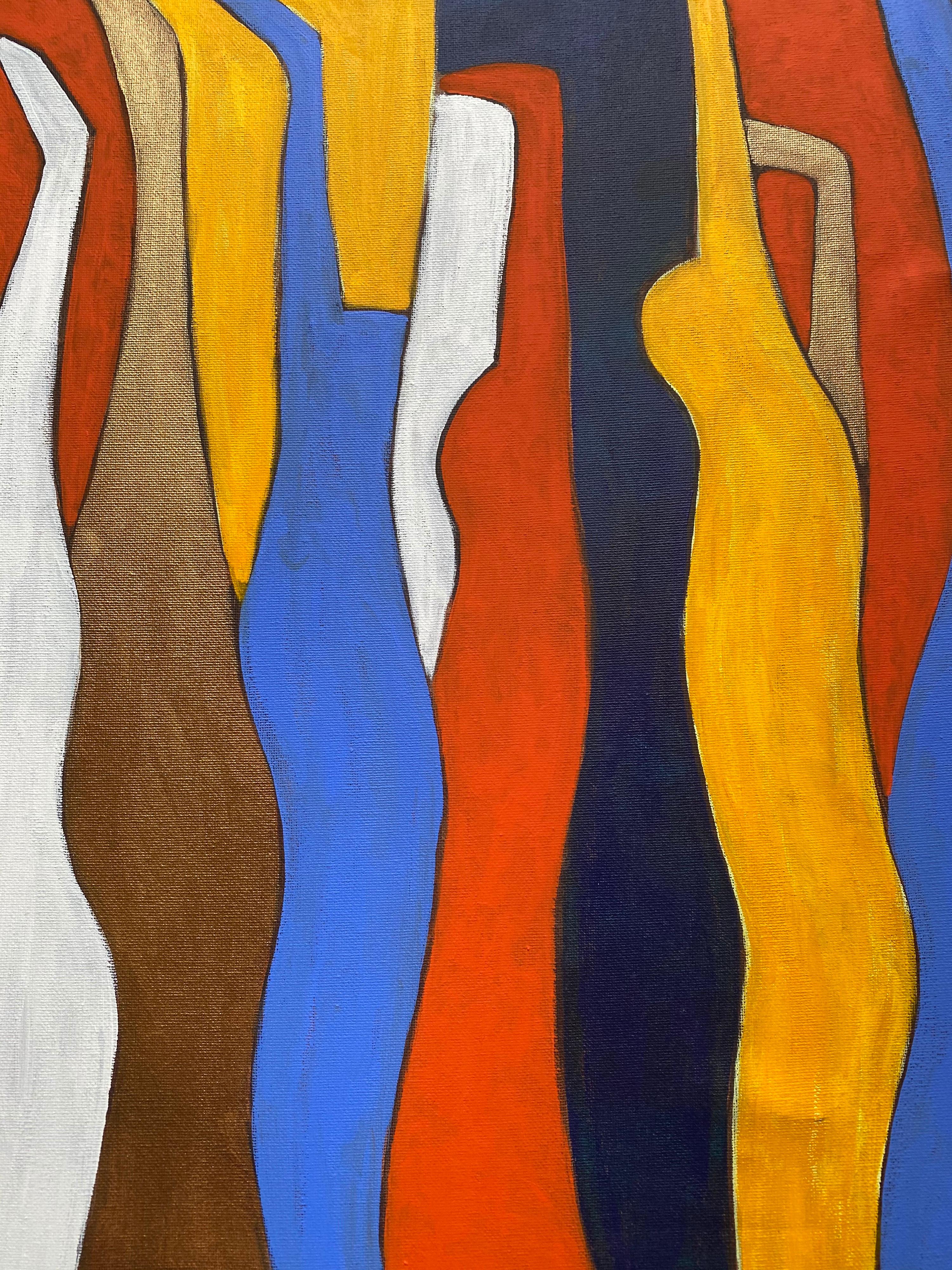 Peinture abstraite de l'artiste britannique référencé rouge bleu marine couleur or - Painting de Michael Haswell