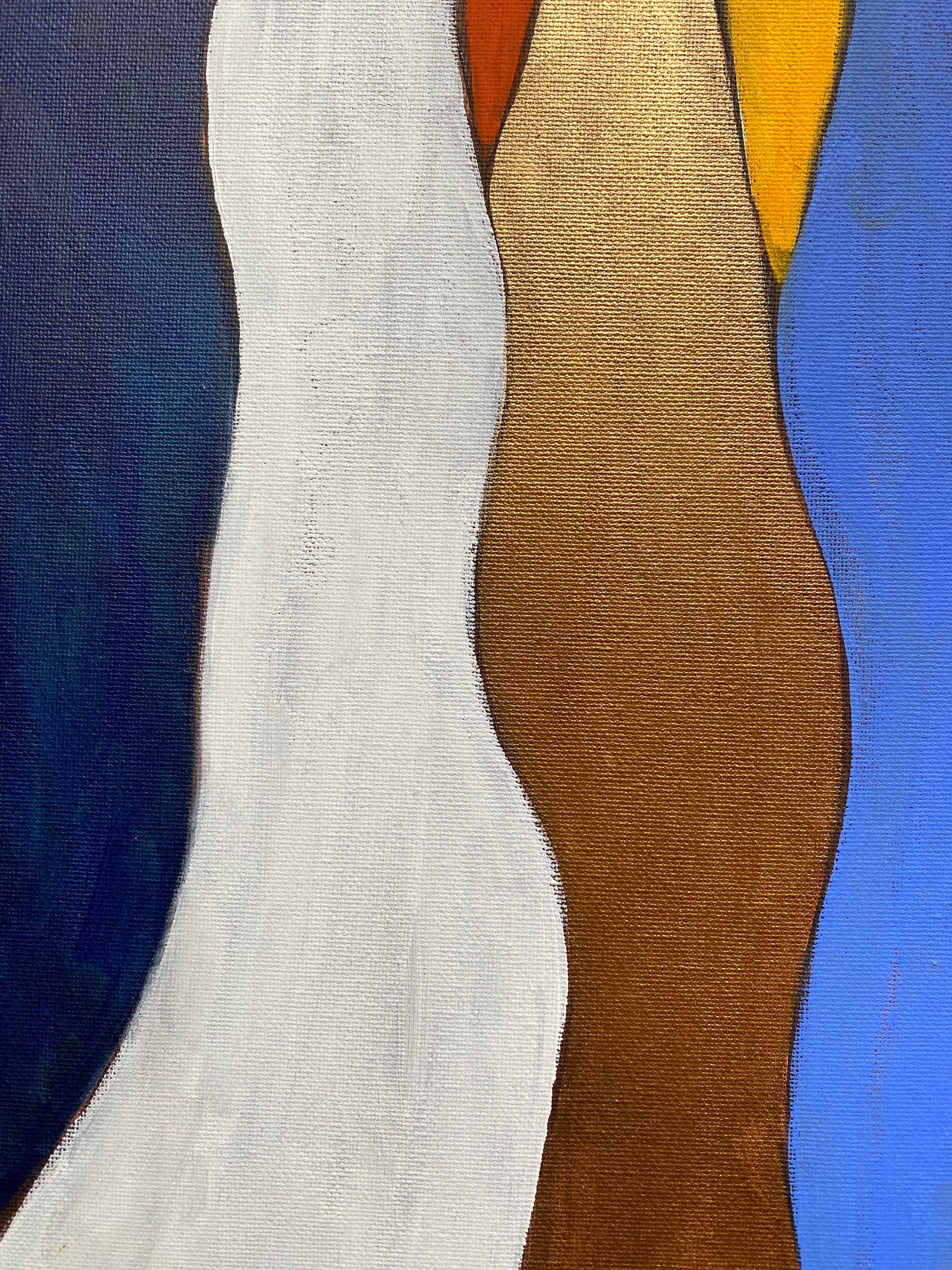 Peinture abstraite de l'artiste britannique référencé rouge bleu marine couleur or en vente 3