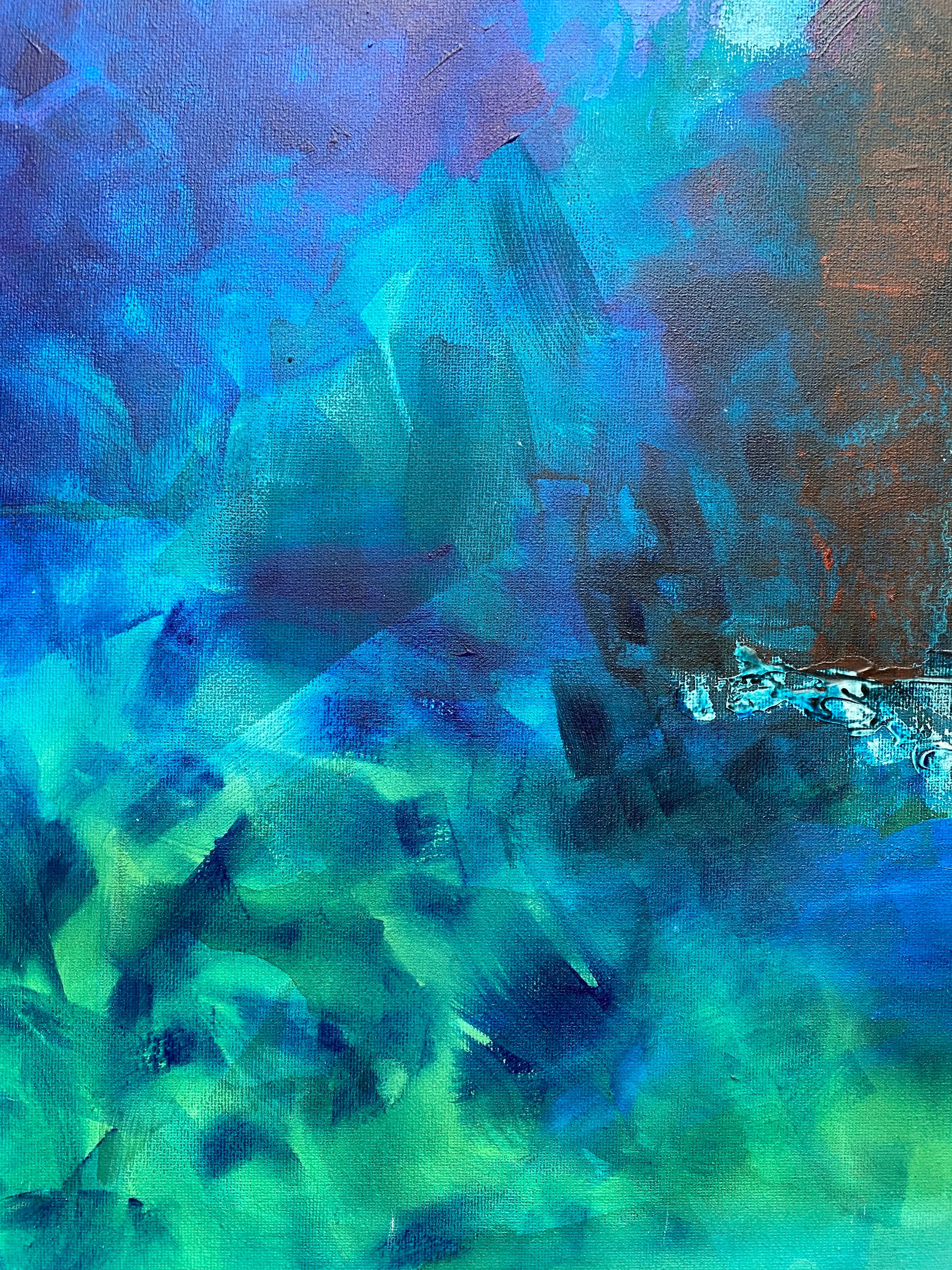Abstract Painting by Listed British artist Turquoise Greens & Blue Colors For Sale 1