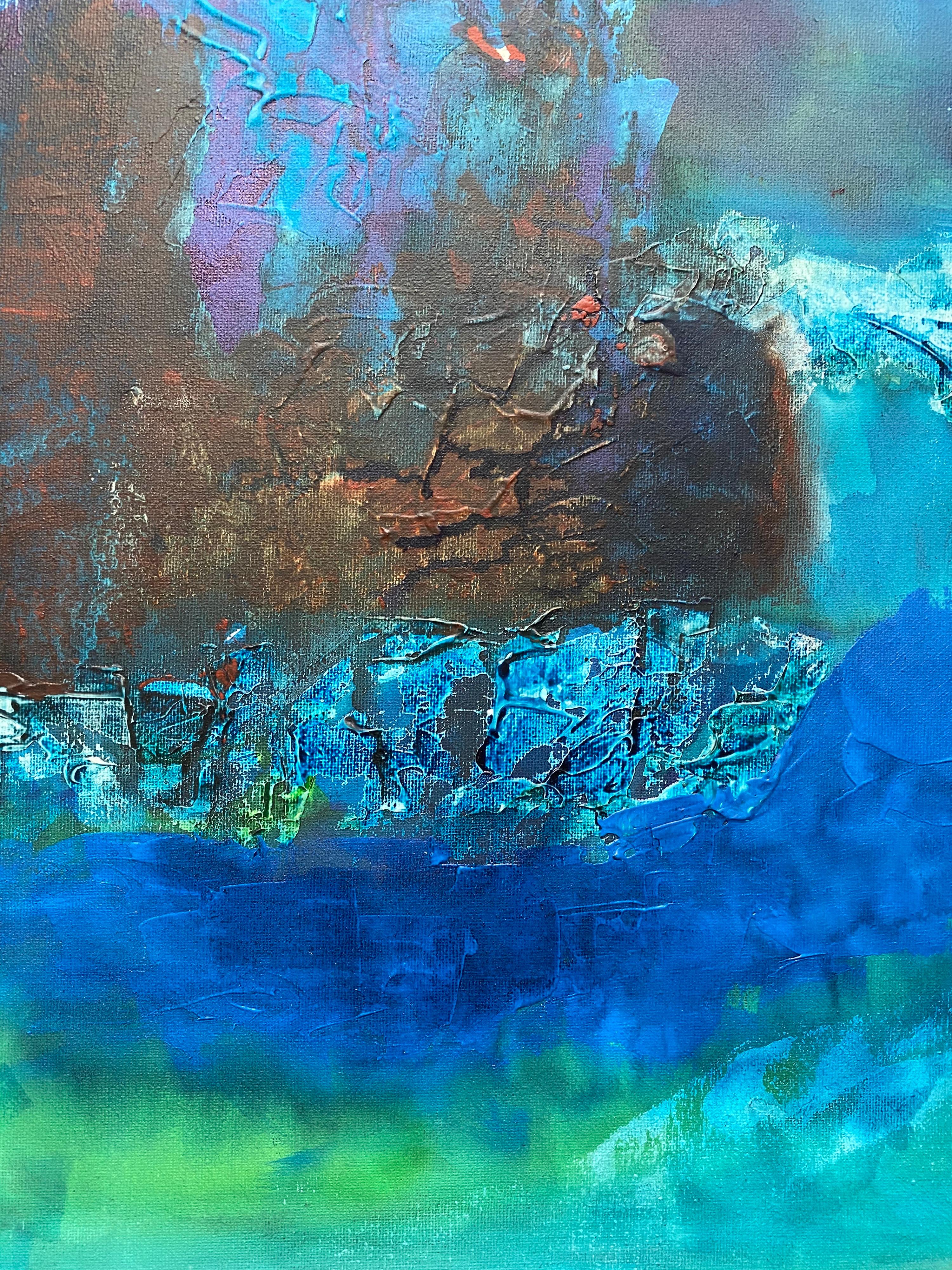 Abstract Painting by Listed British artist Turquoise Greens & Blue Colors For Sale 2