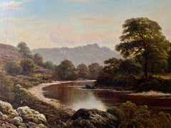 Large Victorian Oil Painting on Canvas Tranquil River Landscape Wye at Monmouth