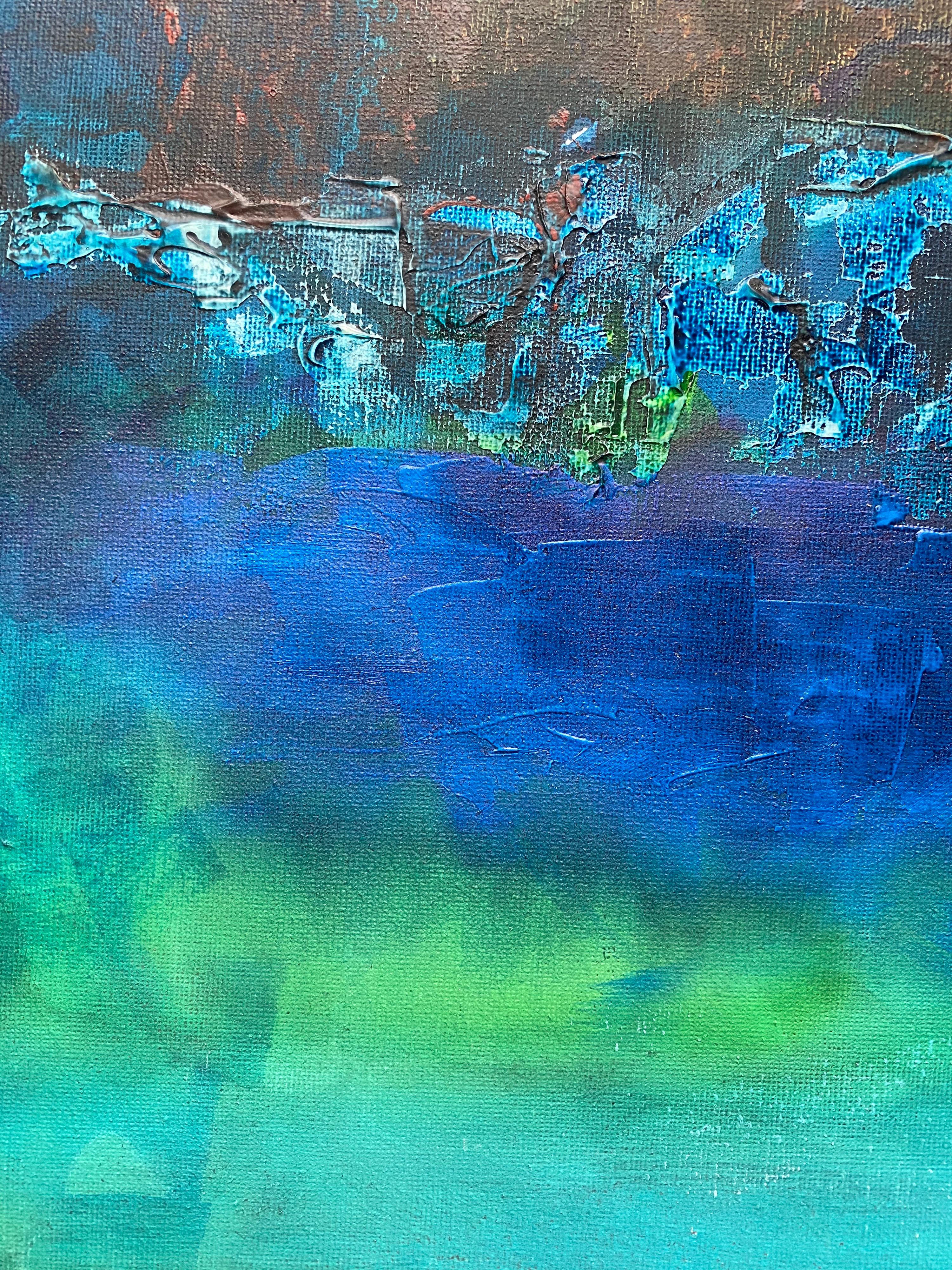 Abstract Painting by Listed British artist Turquoise Greens & Blue Colors For Sale 4