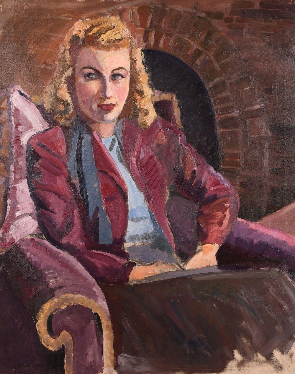 Mid 20th century 1950's Portrait of Stylish Lady Seated by Fireside Large Oil