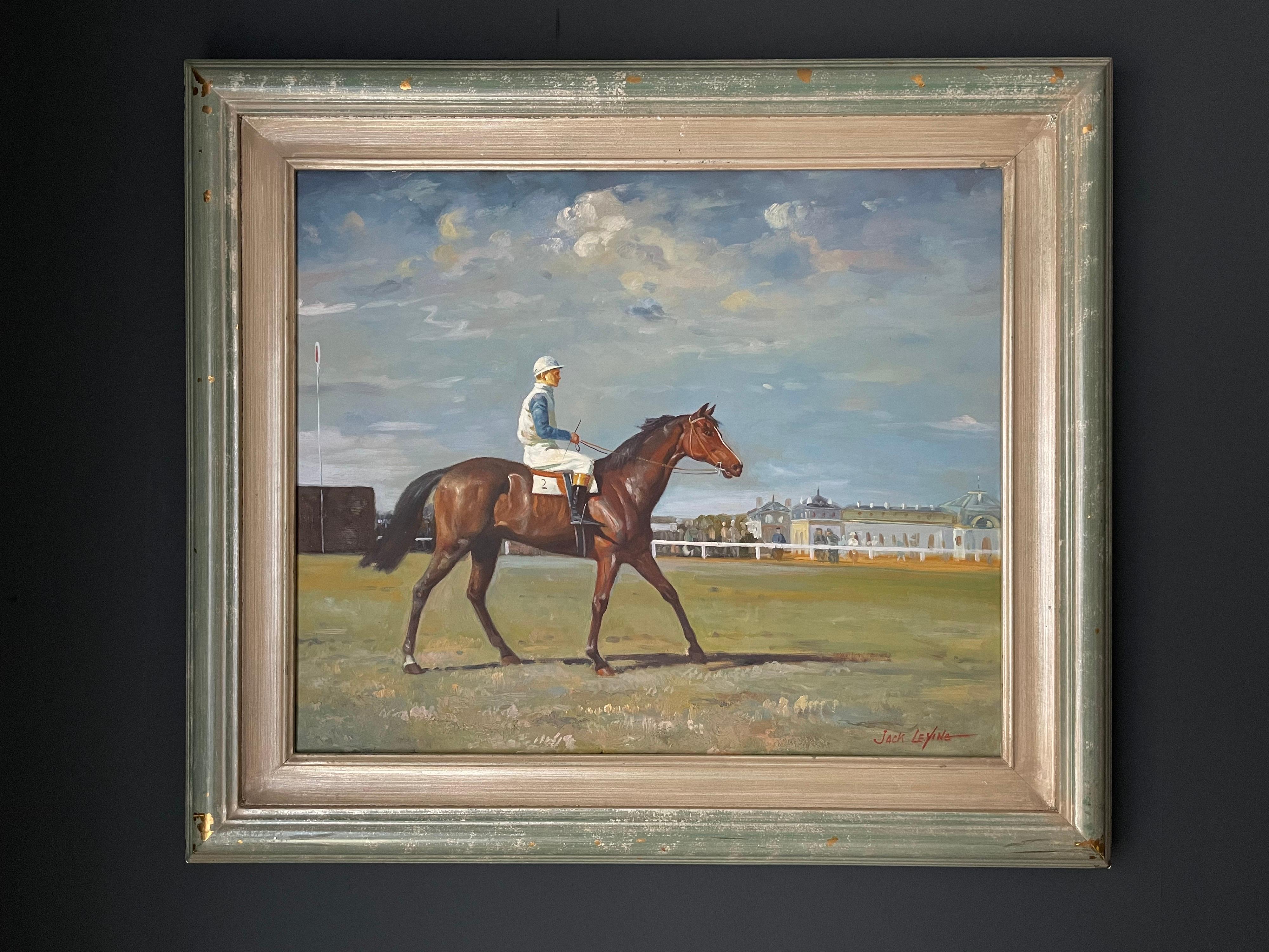 Racehorse with Jockey Up Parading at Racecourse Fine British Impressionist Oil - Painting by Jack Leyine
