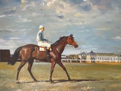 Racehorse with Jockey Up Parading at Racecourse Fine British Impressionist Oil