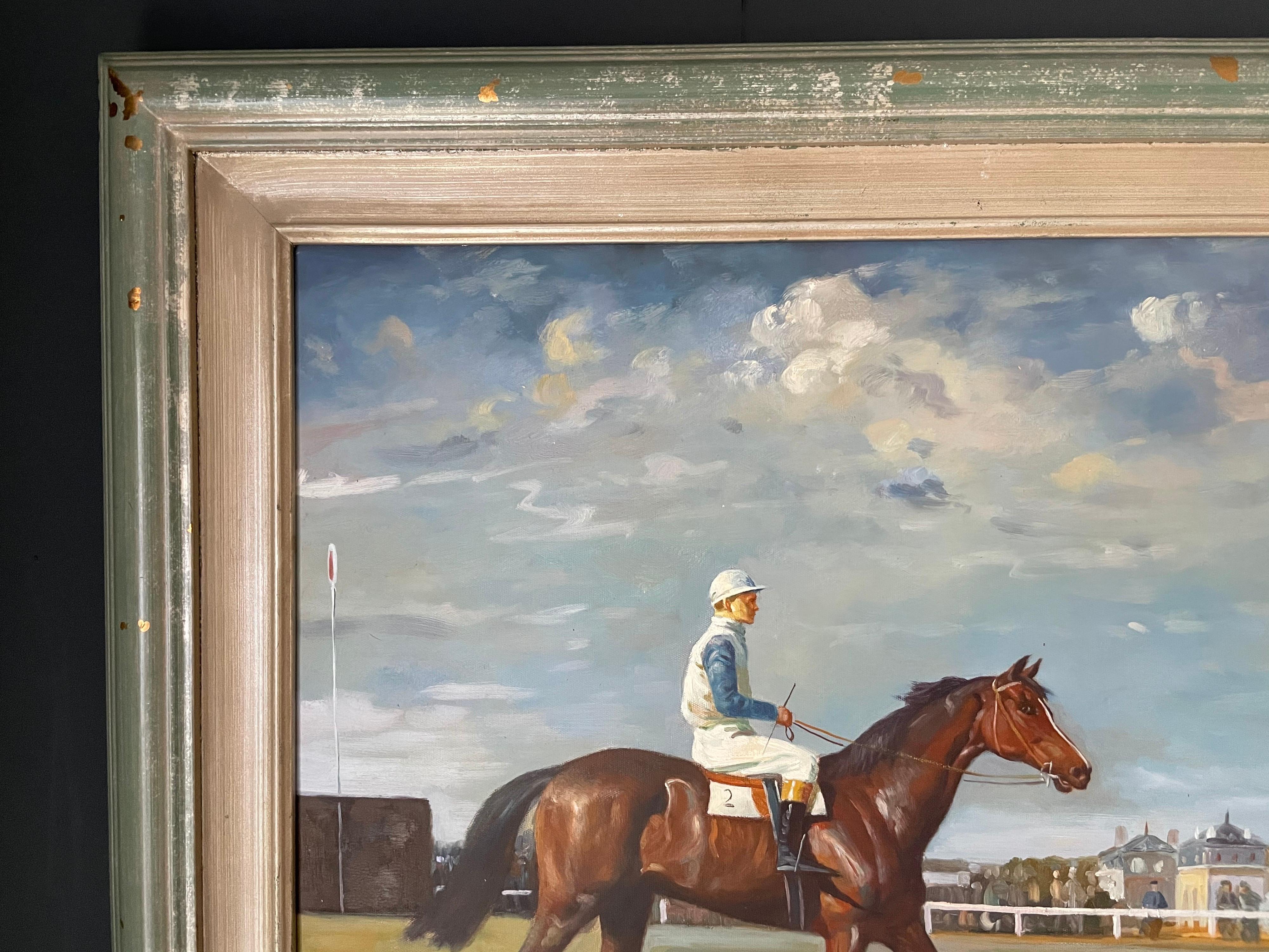 Racehorse with Jockey Up Parading at Racecourse Fine British Impressionist Oil - Gray Landscape Painting by Jack Leyine
