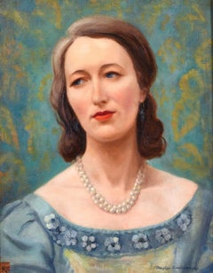 Vintage MID 20th CENTURY BRITISH OIL - PORTRAIT OF A LADY IN PEARL NECKLACE - TEAL GREEN