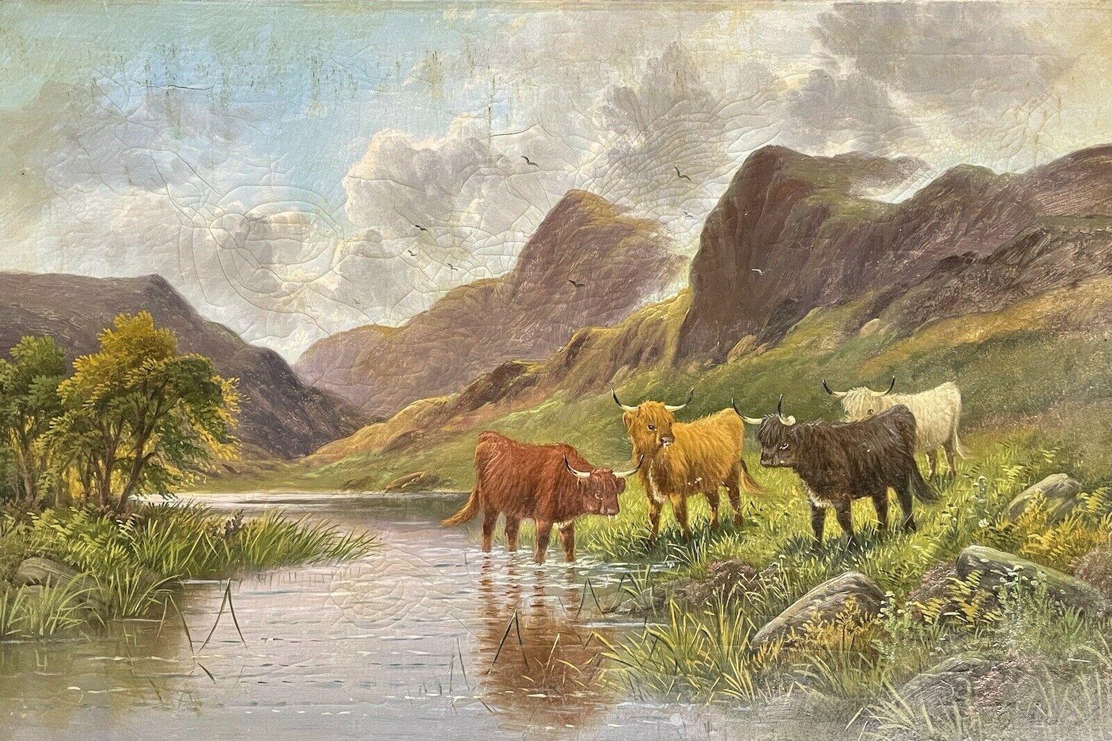 E. Heaton Landscape Painting - ANTIQUE SCOTTISH SIGNED OIL - CATTLE WATERING IN MOUNTAINOUS SUMMERS RIVER GLEN