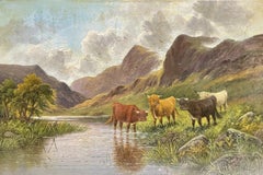 ANTIQUE SCOTTISH SIGNED OIL - CATTLE WATERING IN MOUNTAINOUS SUMMERS RIVER GLEN