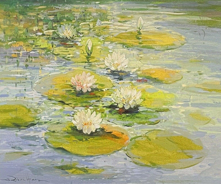Robert de Haan Still-Life Painting - LARGE IMPRESSIONIST SIGNED PAINTING - THE WATERLILY POND