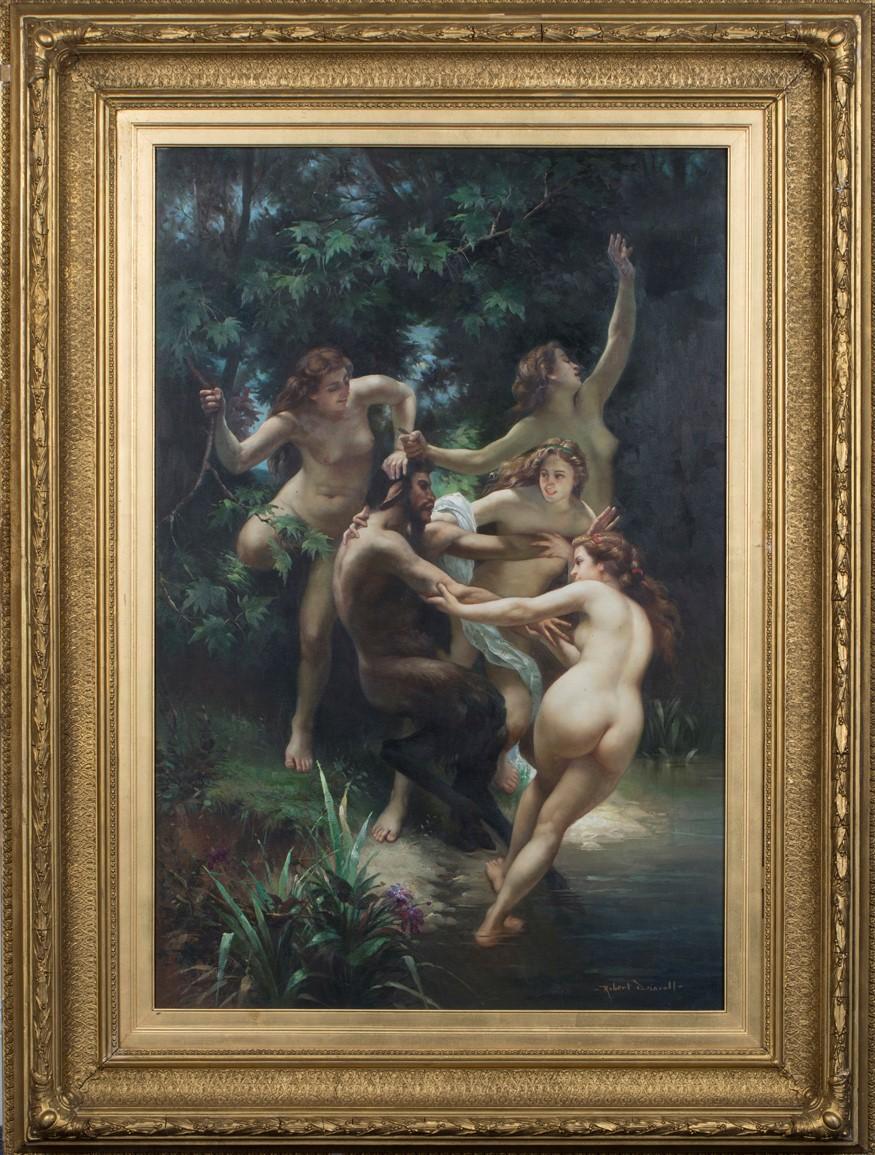 Robert Driscoll Figurative Painting - HUGE SIGNED OIL PAINTING ANTIQUE GILT FRAME - NYMPHS & SATYR AFTER BOUGUEREAU
