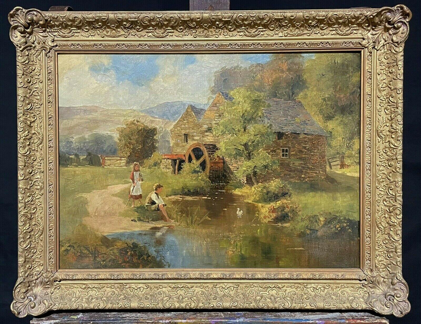 S. Warburton Landscape Painting - SIGNED VICTORIAN ENGLISH OIL PAINTING - CHILDREN PLAYING WATERMILL STREAM DUCKS
