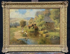 Vintage SIGNED VICTORIAN ENGLISH OIL PAINTING - CHILDREN PLAYING WATERMILL STREAM DUCKS