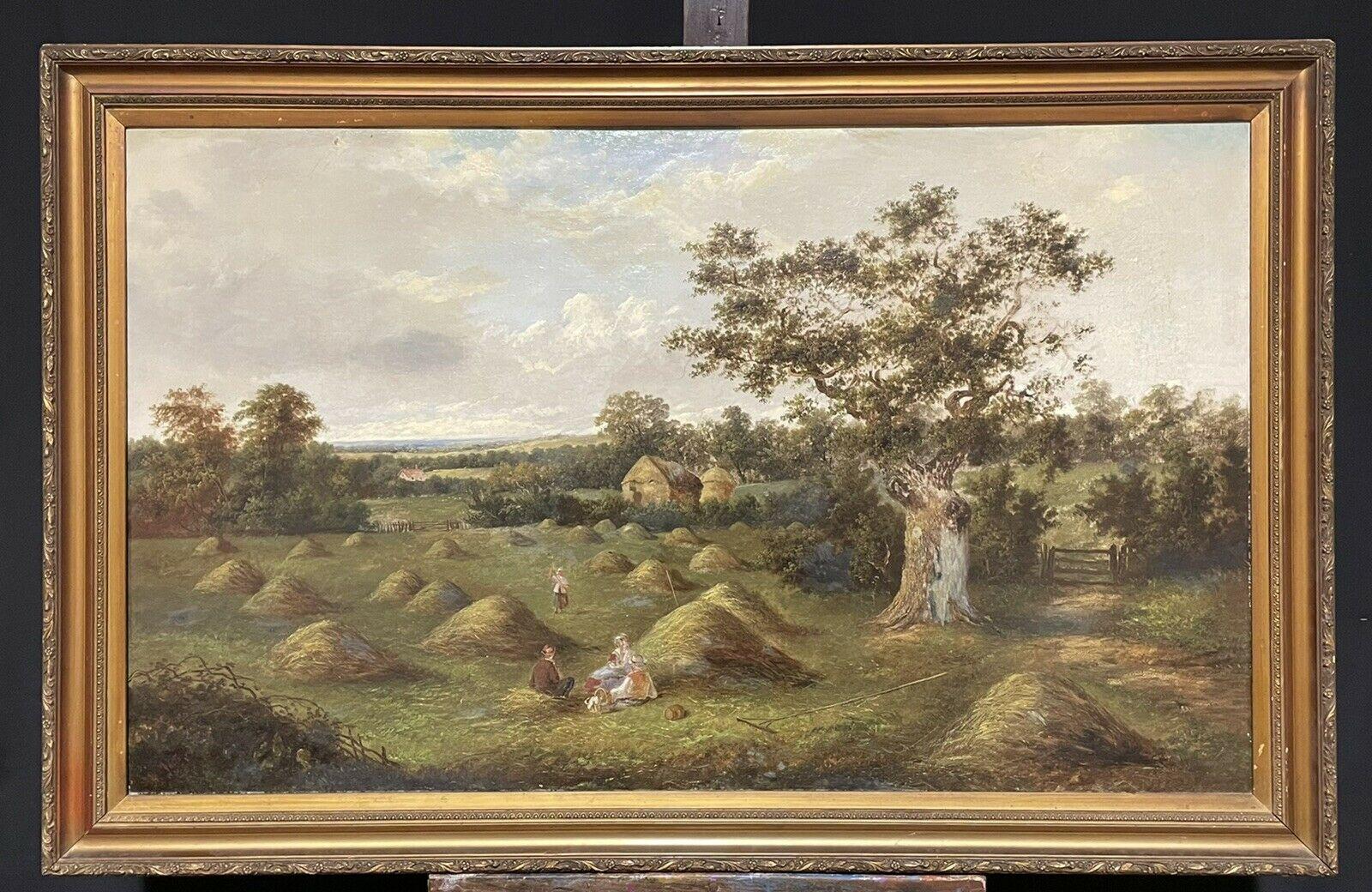 HUGE VICTORIAN SIGNED OIL HARVEST WORKERS HAVING PICNIC IN FIELD UNDER OAK TREE - Painting by William Yates