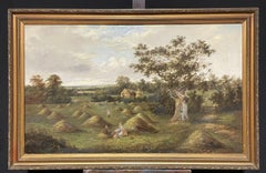 HUGE VICTORIAN SIGNED OIL HARVEST WORKERS HAVING PICNIC IN FIELD UNDER OAK TREE