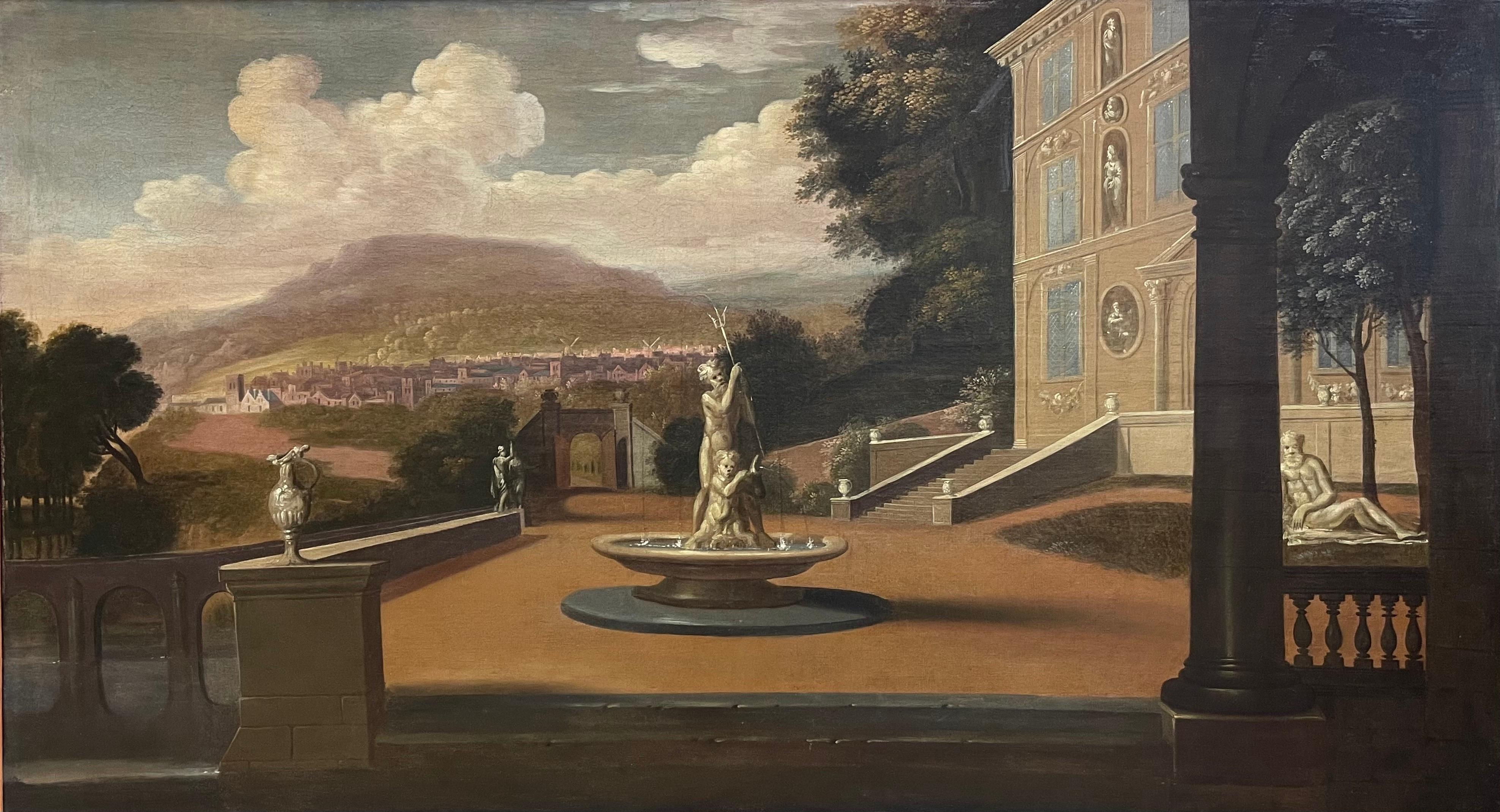 Huge Early 1700's Italian Old Master Oil Painting Neo Classical Palace Landscape - Brown Landscape Painting by Italian Master
