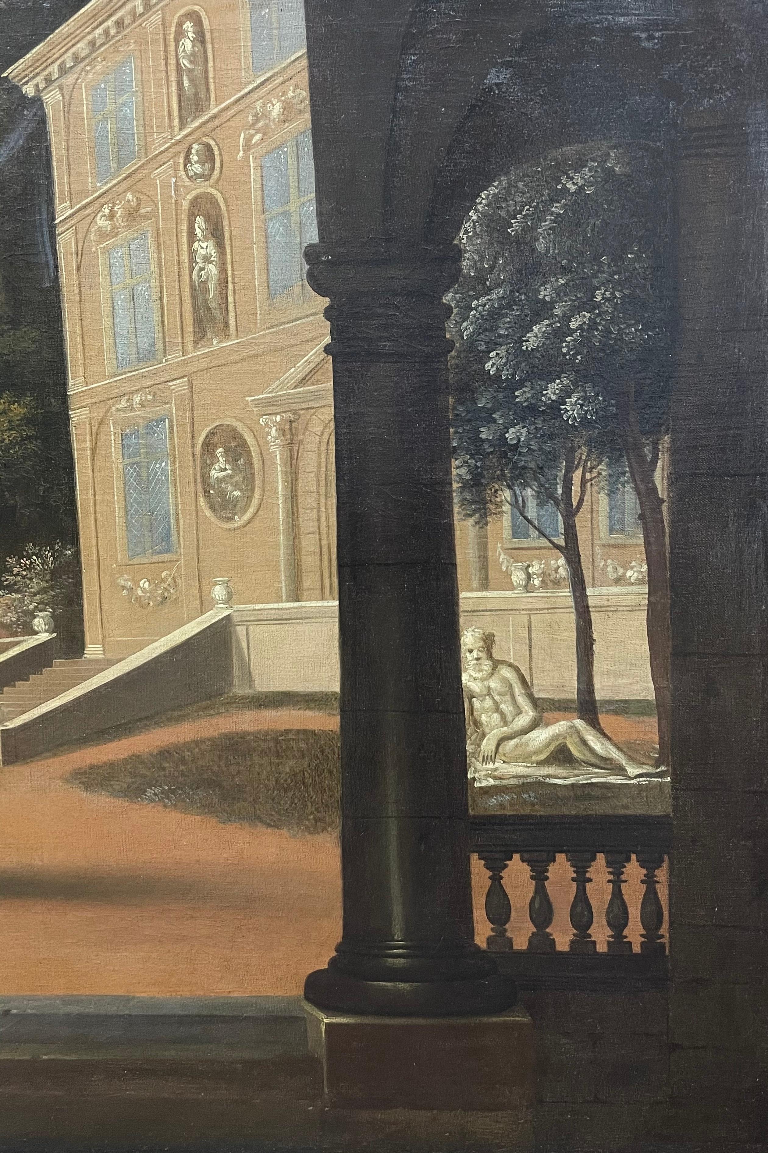 Neo-Classical Arcadian Landscape
Italian School, early 1700's
oil painting on canvas, framed
canvas: 32 x 58 inches
framed: 42 x 67.5 inches x 2.5 inches deep
provenance: formerly with Christies London (see auction stencil marks to the
