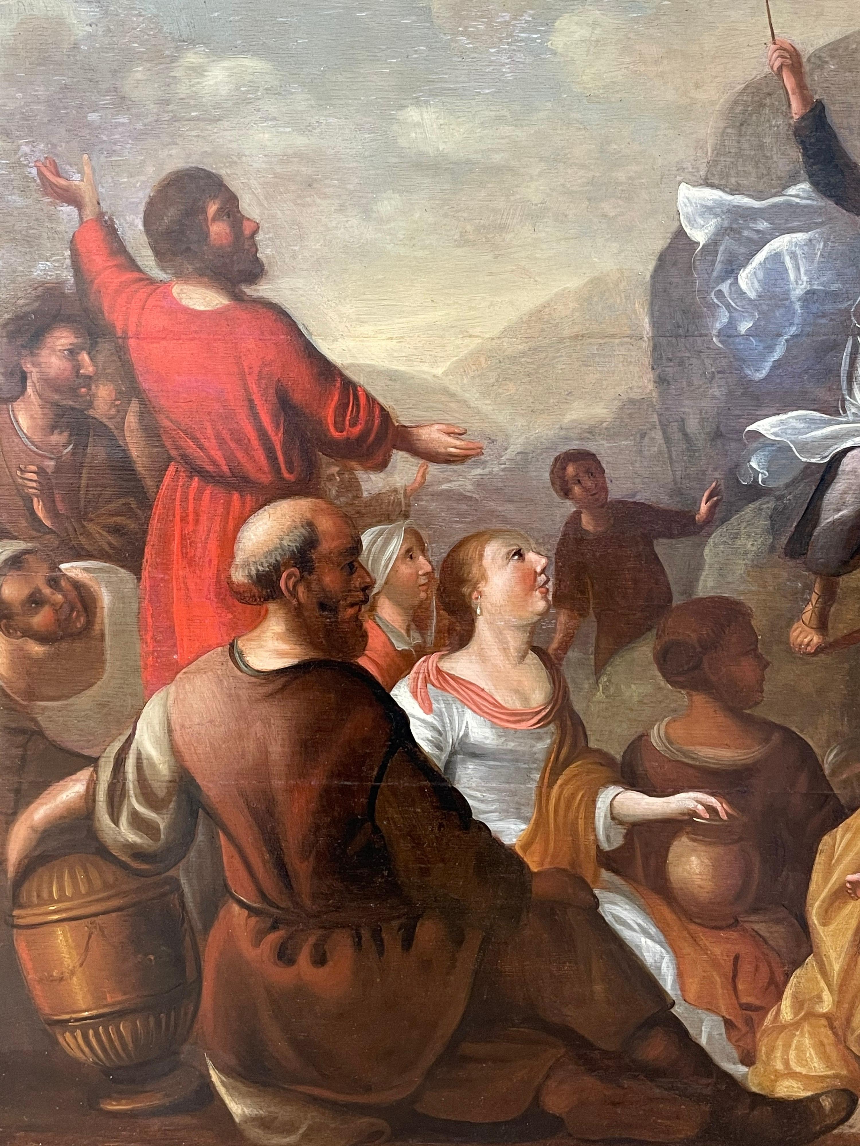 Moses Striking the Rock
Dutch School, early 1700's
oil painting on wood panel (three conjoined panels), framed
panel: 30 x 43 inches
framed: 37.5 x 51 inches
provenance: private collection, England
condition: very good and presentable; as with any