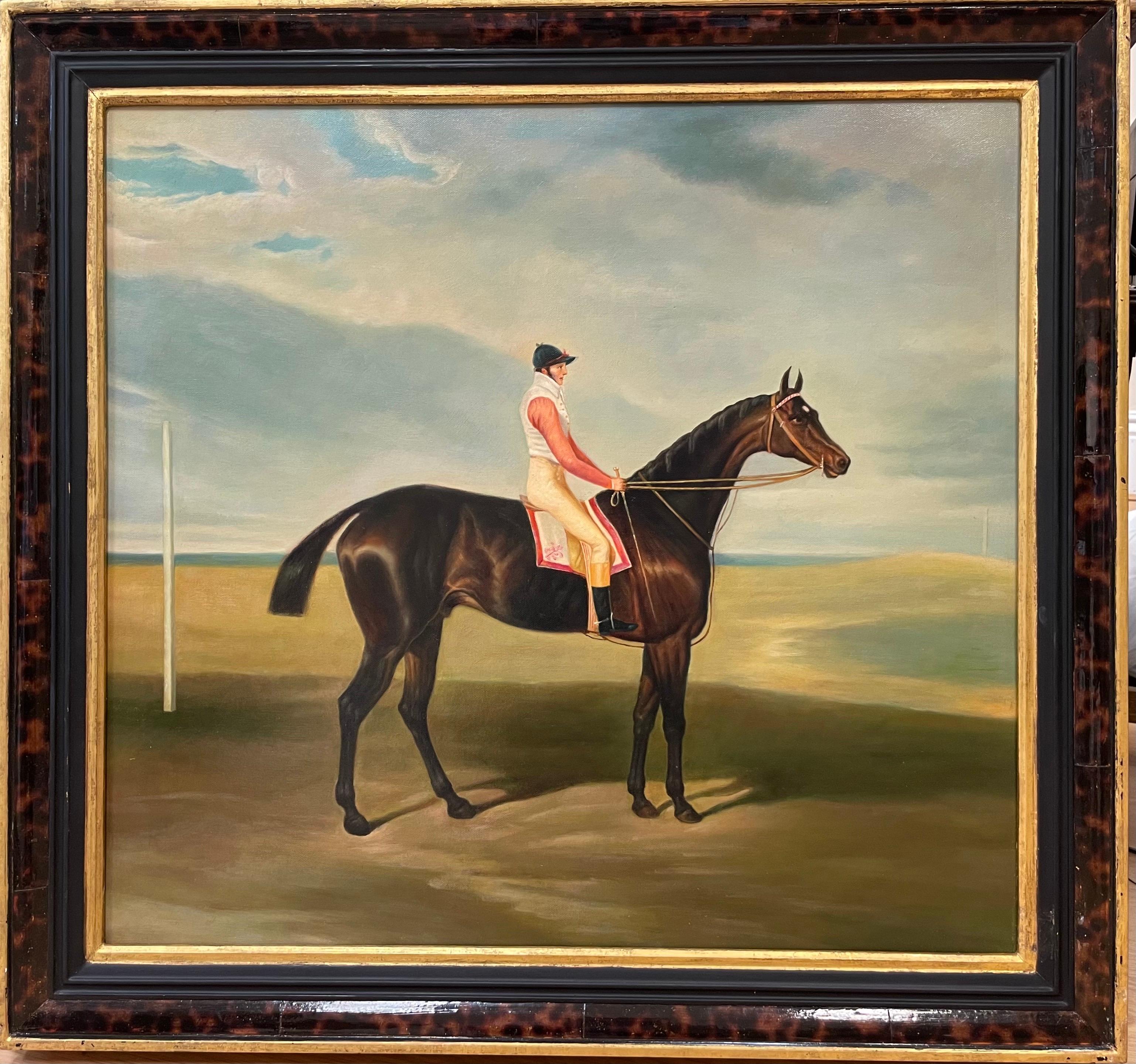 Peinture à l'huile classique d'art sportif britannique - Cheval de course avec Jockey Up - Painting de Unknown