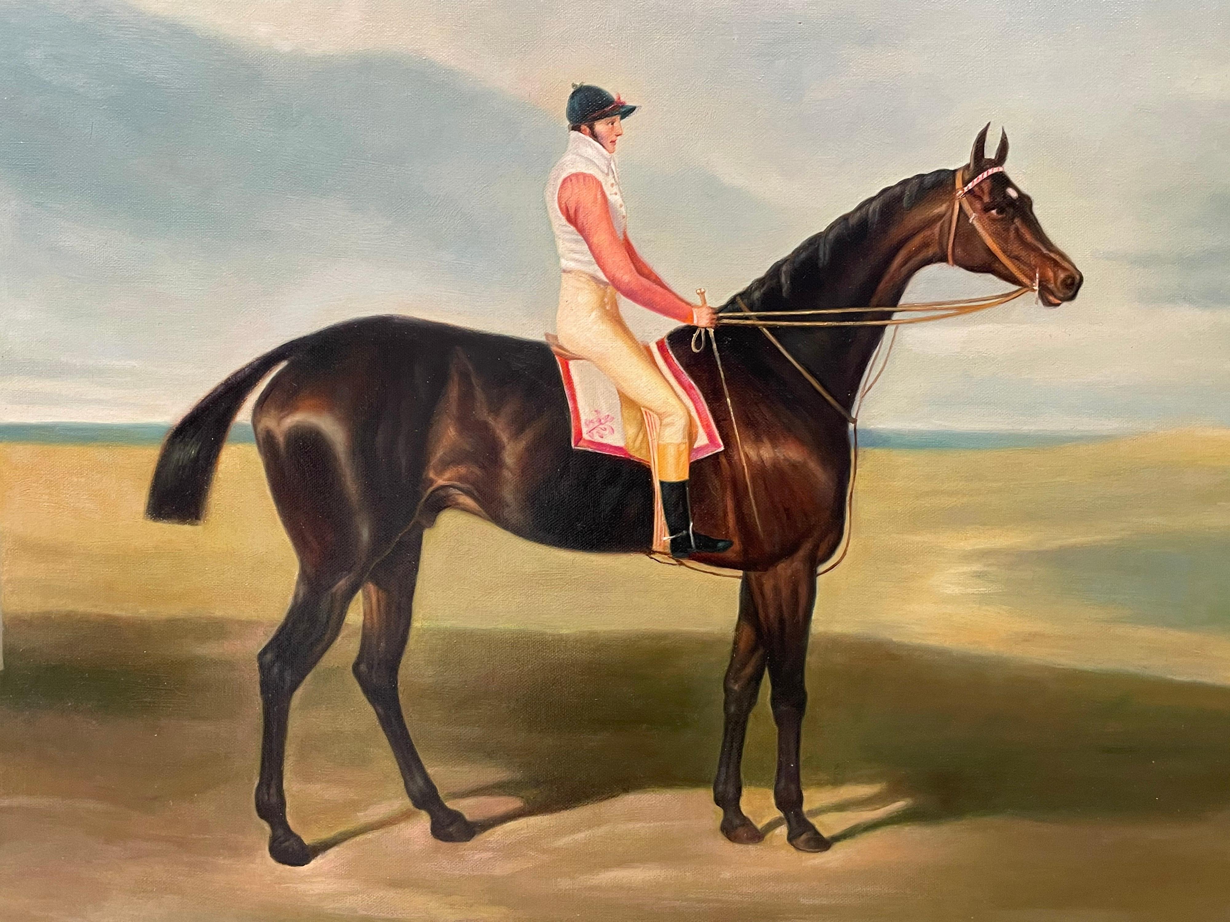 Peinture à l'huile classique d'art sportif britannique - Cheval de course avec Jockey Up - Victorien Painting par Unknown