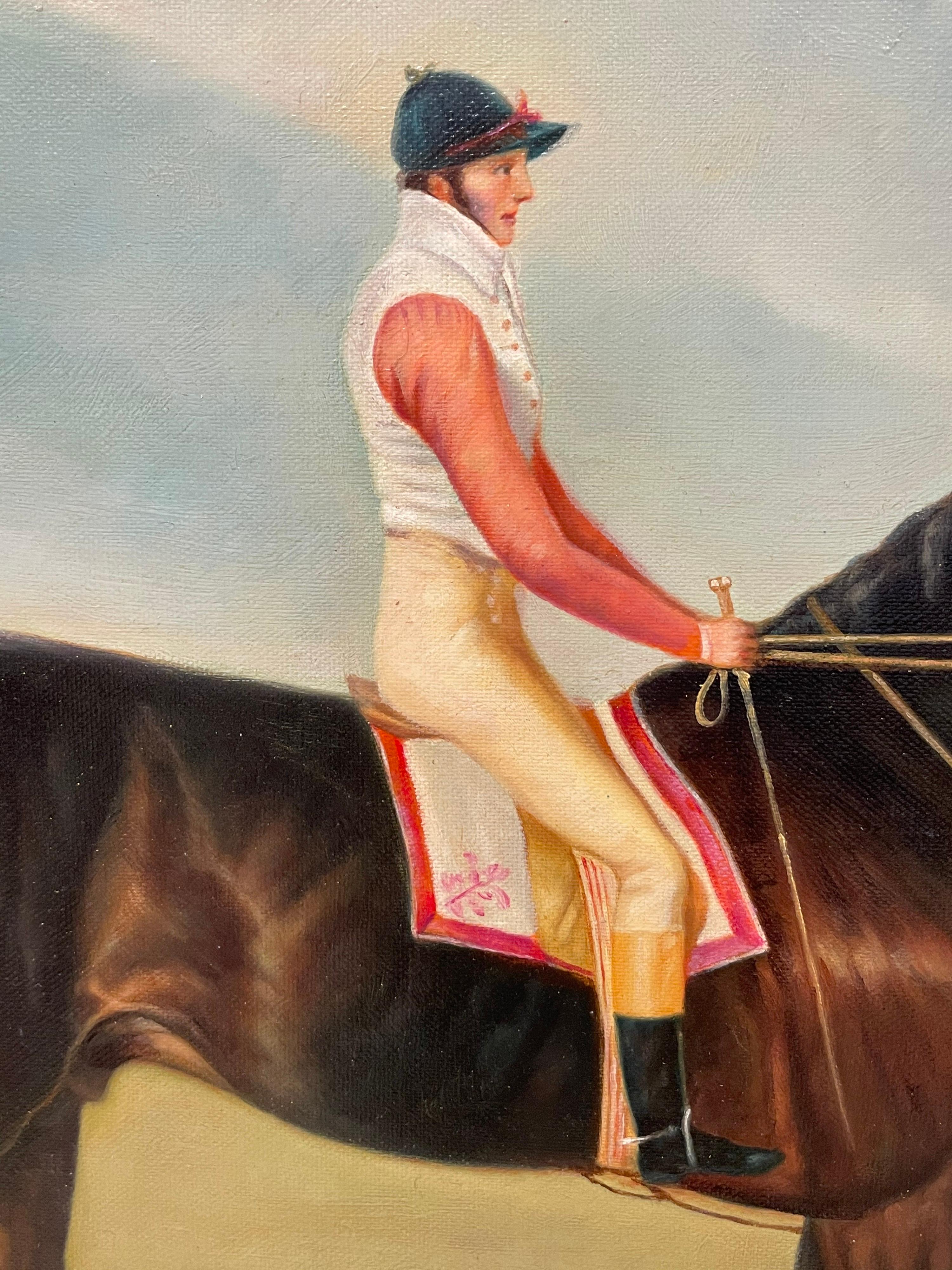 Peinture à l'huile classique d'art sportif britannique - Cheval de course avec Jockey Up - Marron Figurative Painting par Unknown