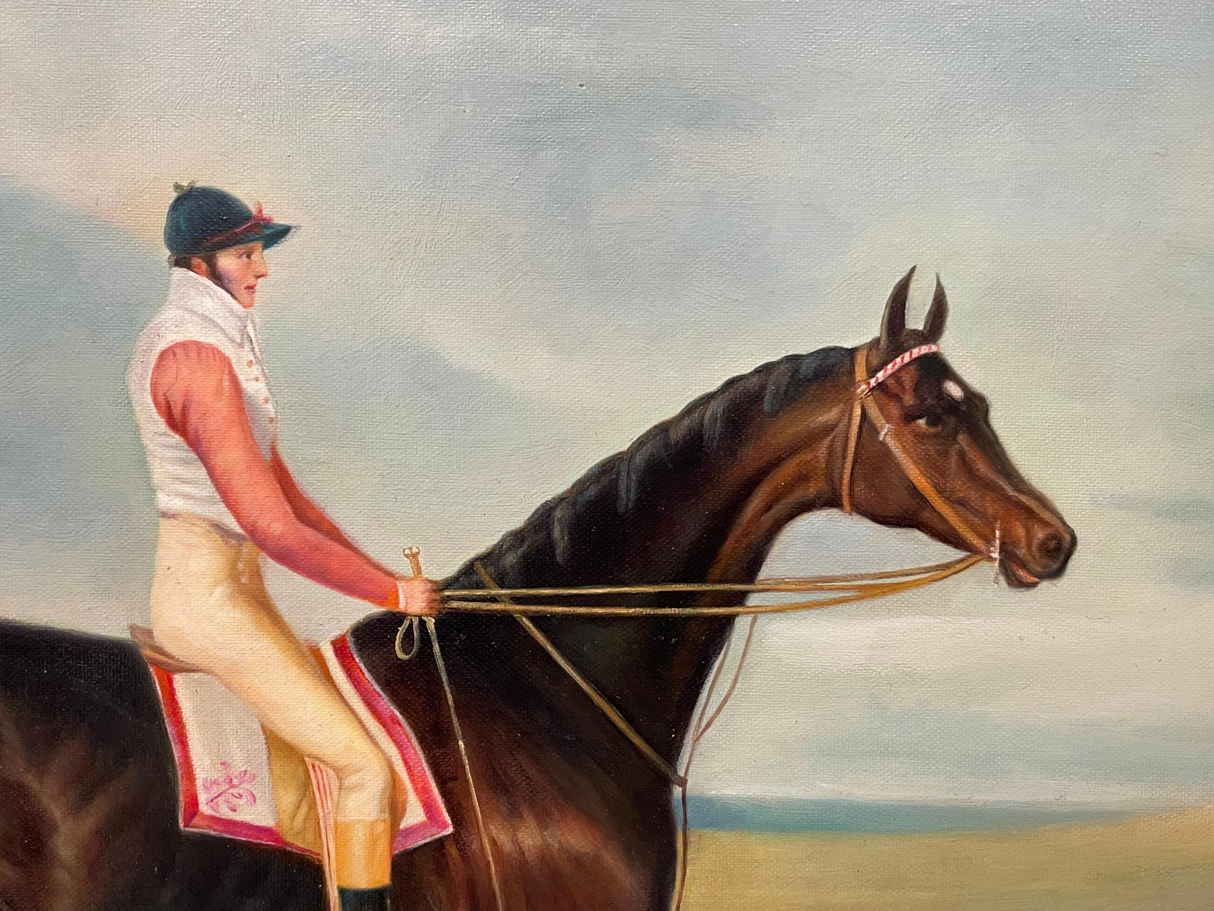 Fine Classic British Sporting Art Oil Painting - Racehorse with Jockey Up - Brown Figurative Painting by Unknown