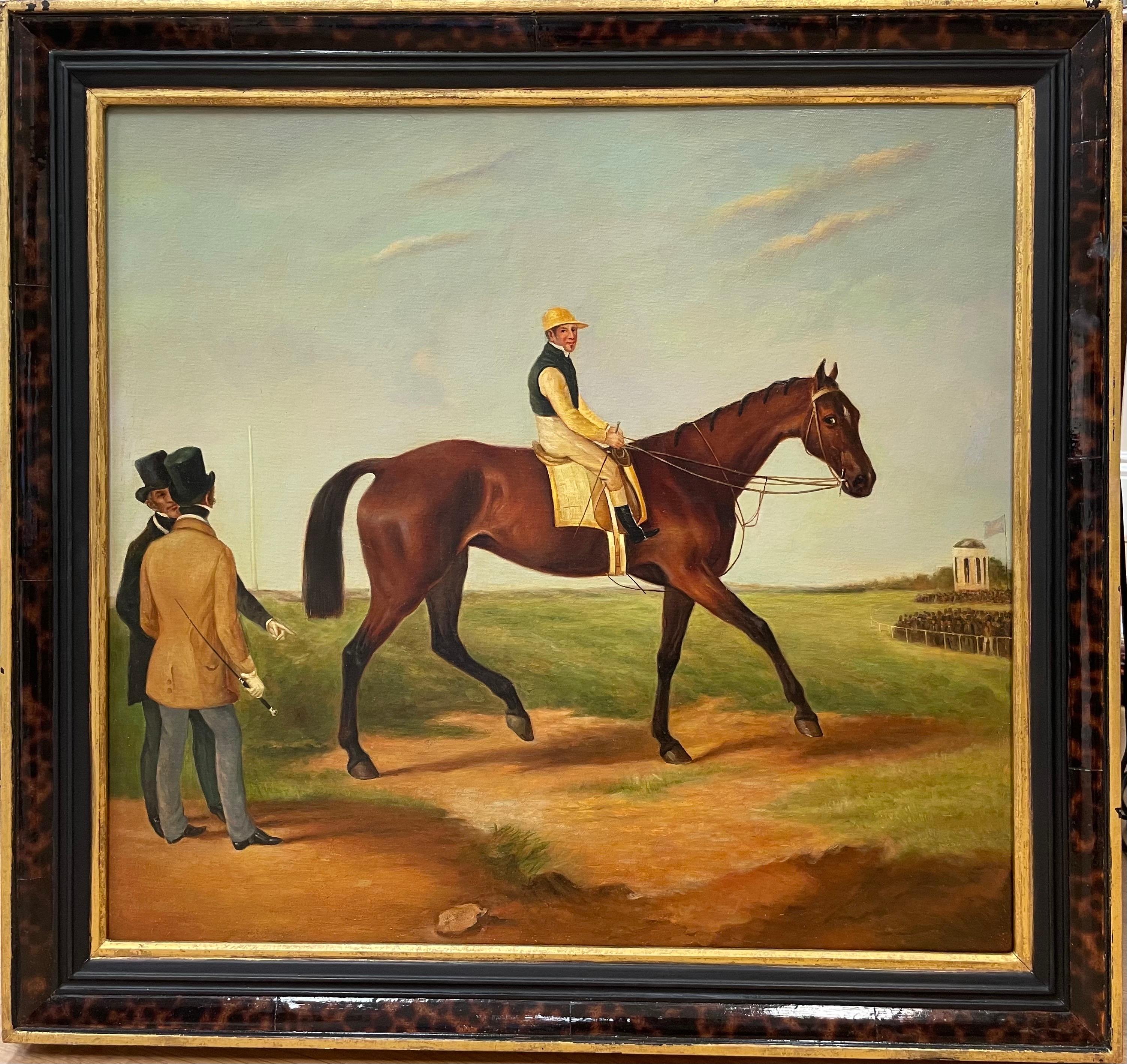 Fine Classic British Sporting Art Oil Painting - Racehorse with Jockey & Trainer - Beige Figurative Painting by Unknown