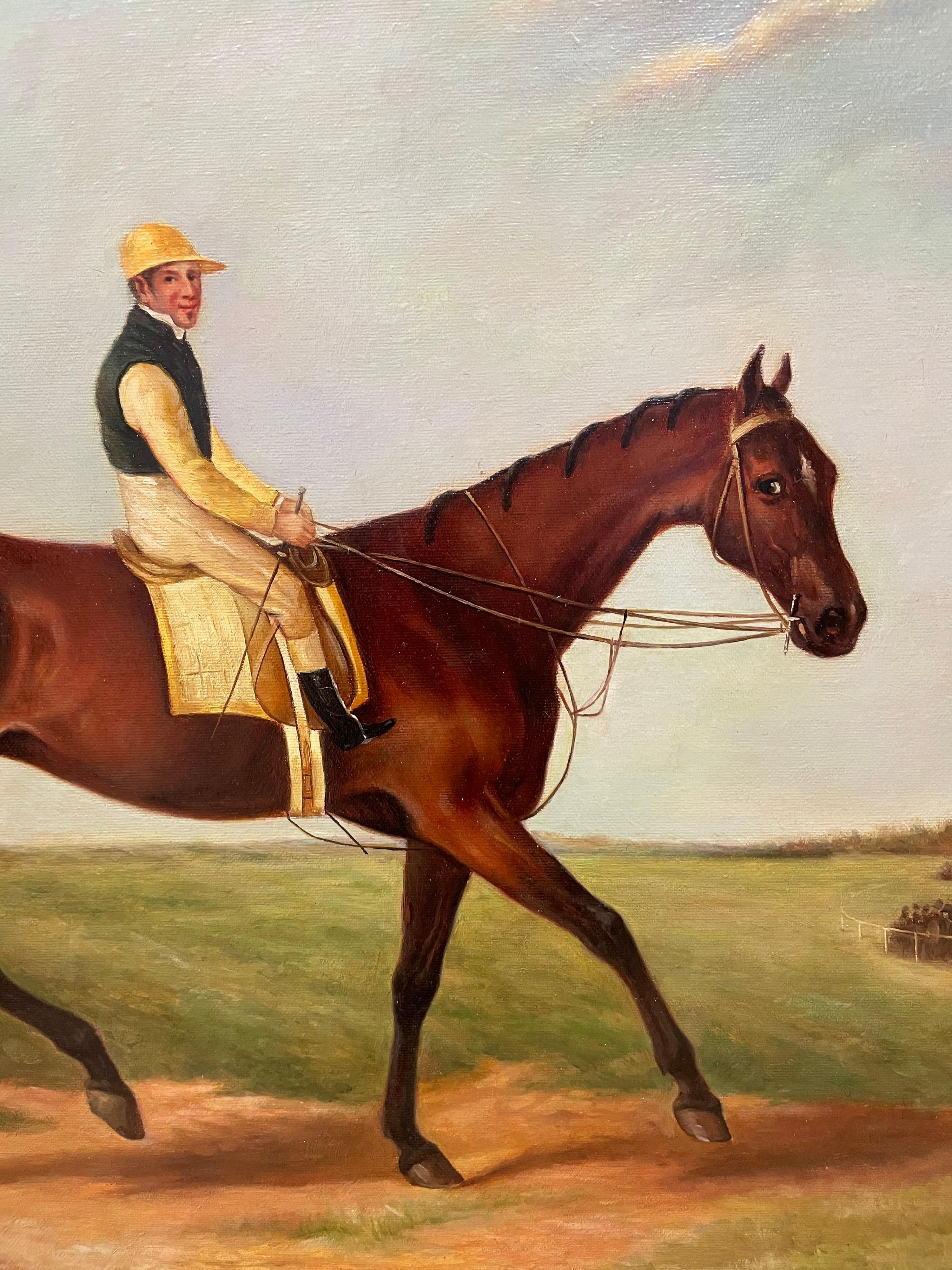 'Jockey & Trainer'
English School, 20th century
oil painting on canvas
canvas: 25 x 27 inches
framed: 30 x 32 inches
provenance: private collection, Dorset, England

condition: very good and ready to hang. 

A very fine example of British sporting