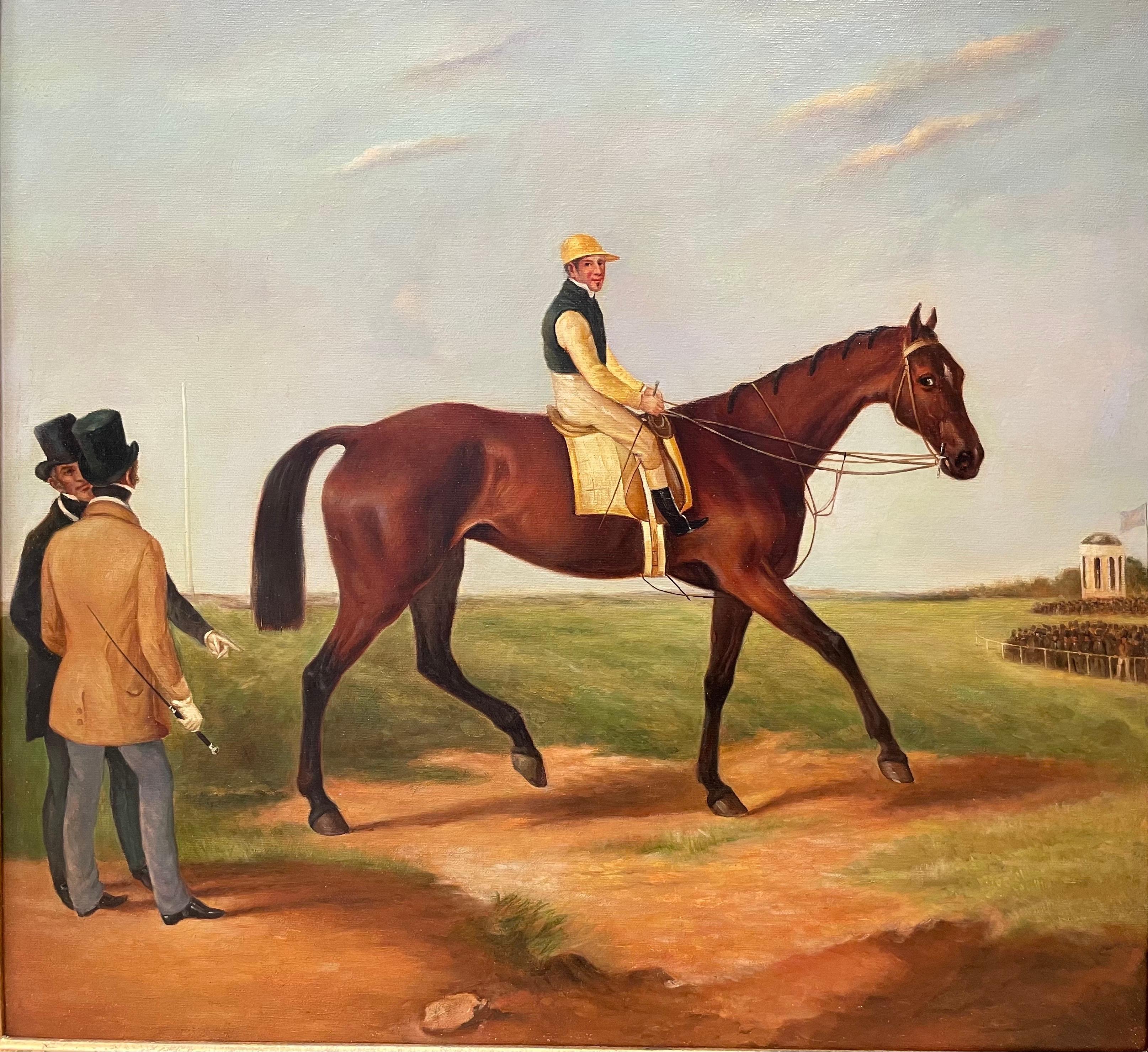 Unknown Figurative Painting - Fine Classic British Sporting Art Oil Painting - Racehorse with Jockey & Trainer